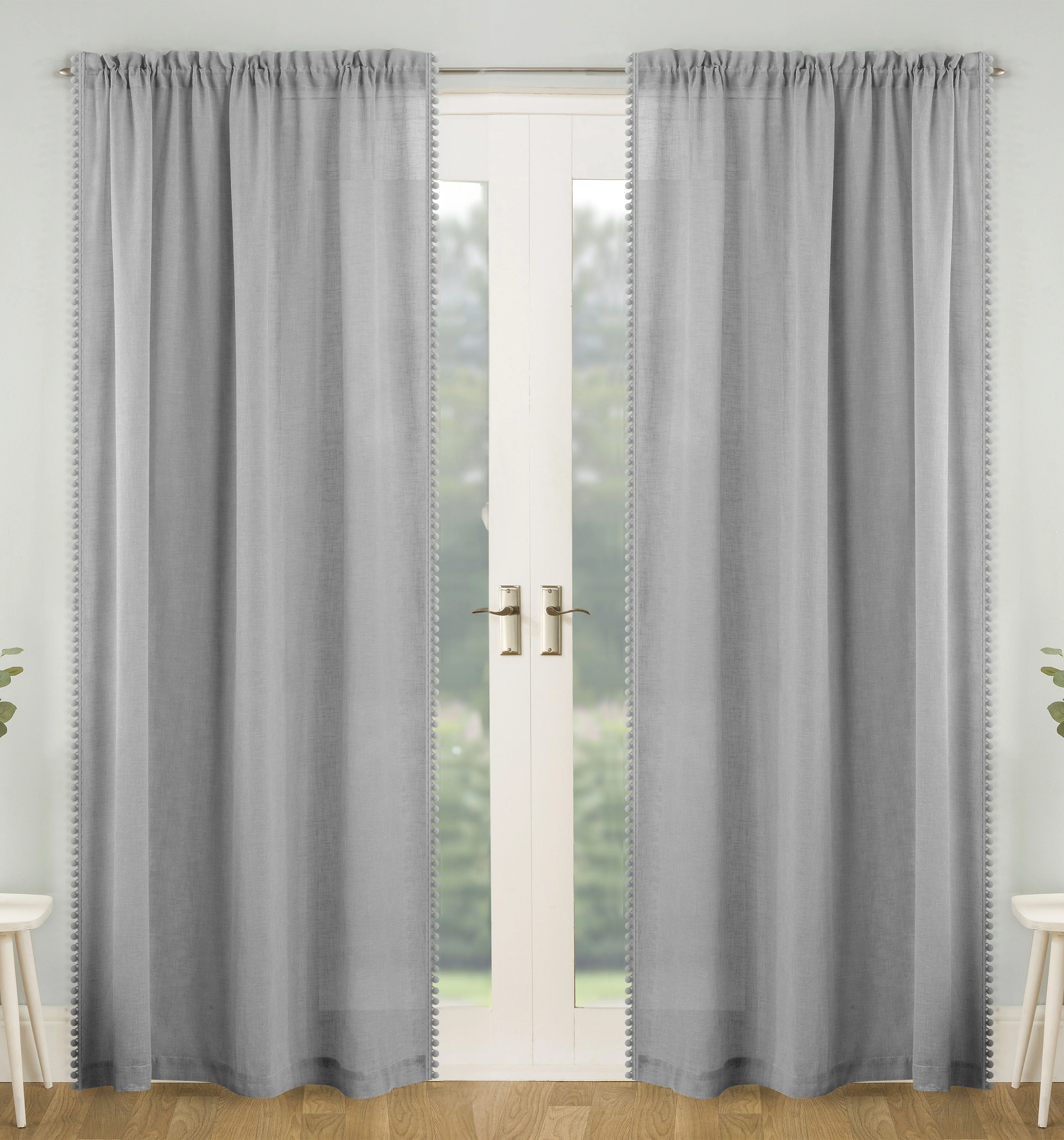 Pair Of Tahiti Grey Pom-Pom Trim Linen Look Voile Panels With Rod Pocket Header - Image 5