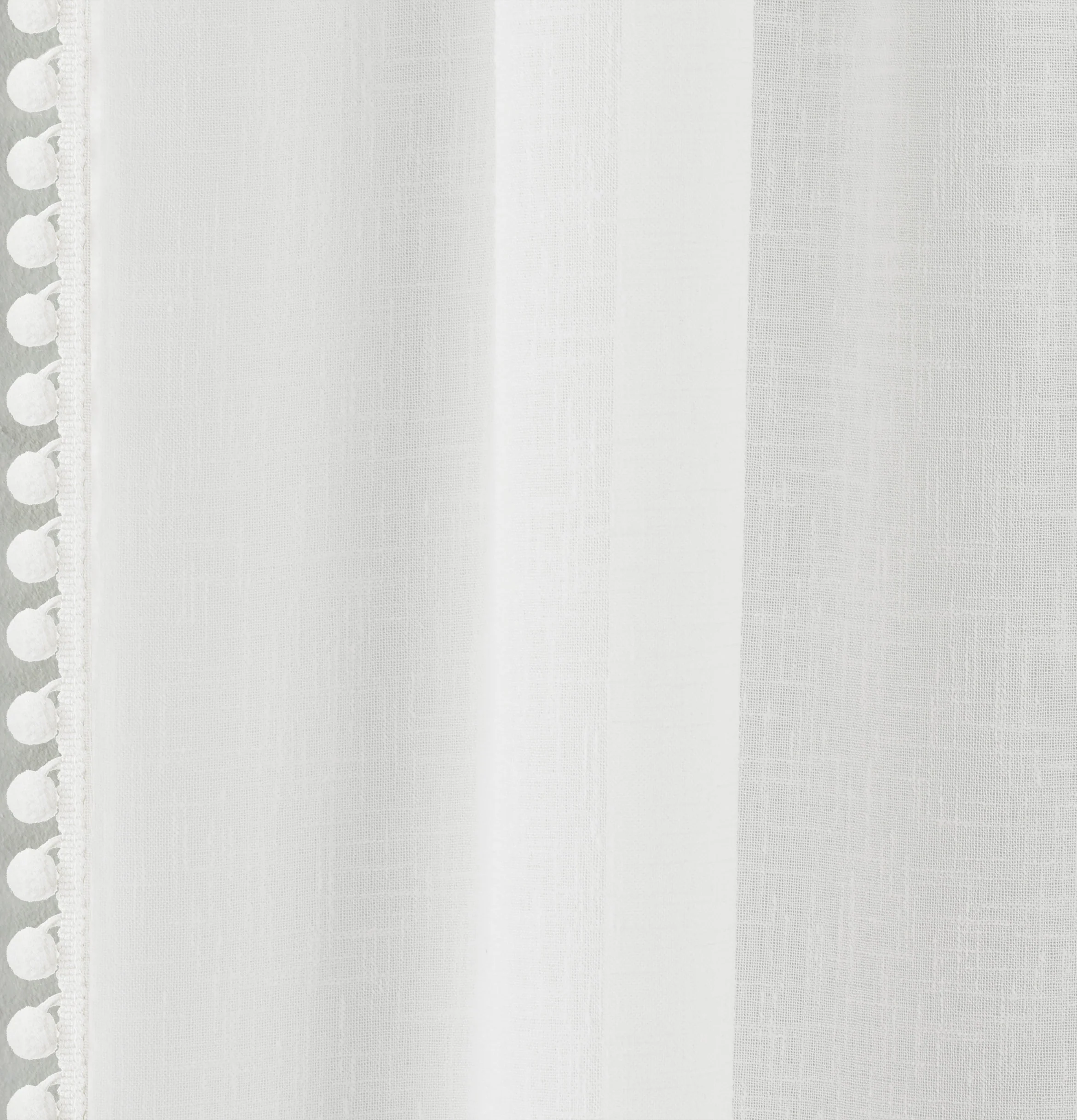Pair Of Tahiti  White Pom-Pom Trim Linen Look Voile Panels With Rod Pocket Header - Image 3