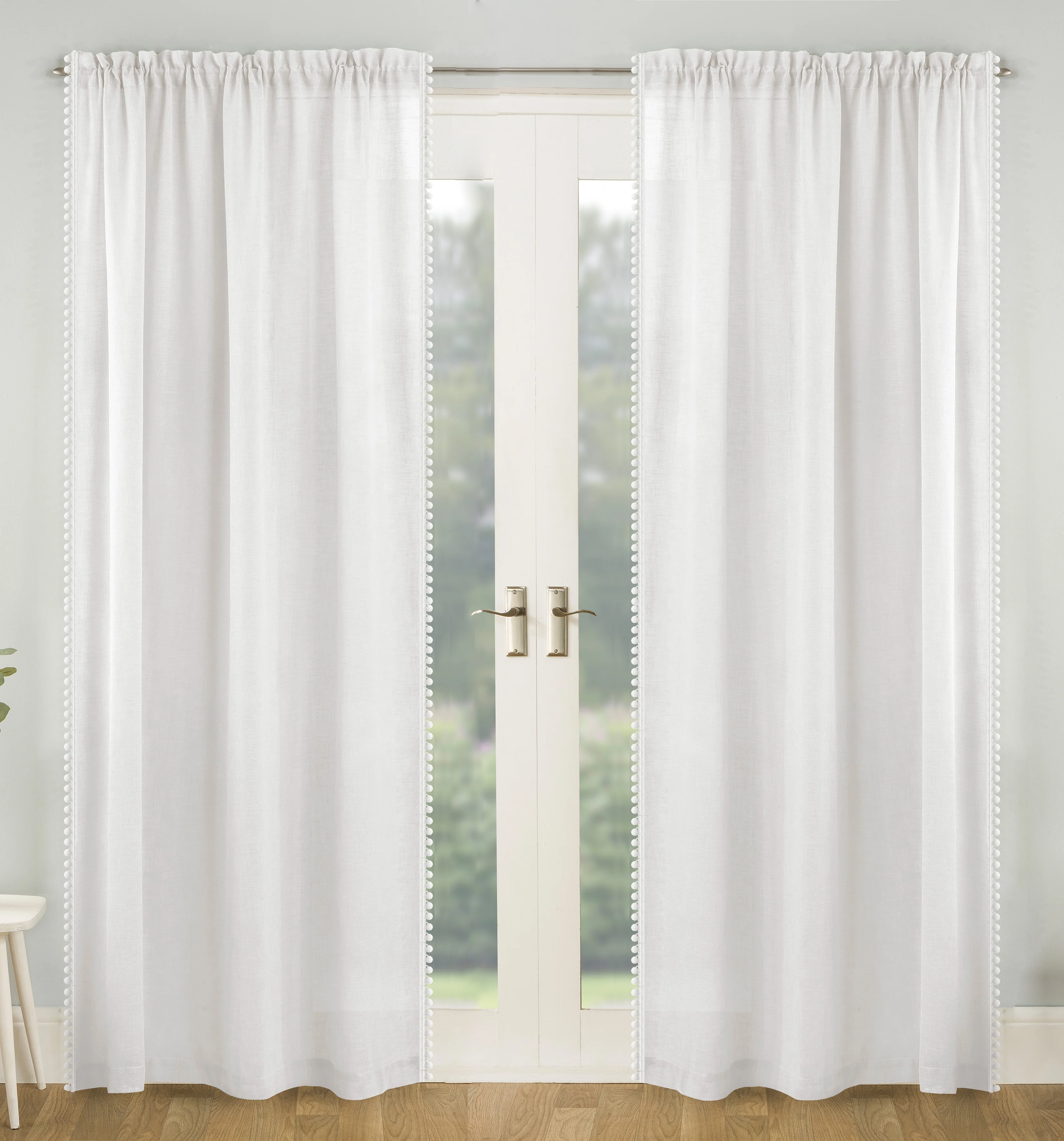 Pair Of Tahiti  White Pom-Pom Trim Linen Look Voile Panels With Rod Pocket Header - Image 6