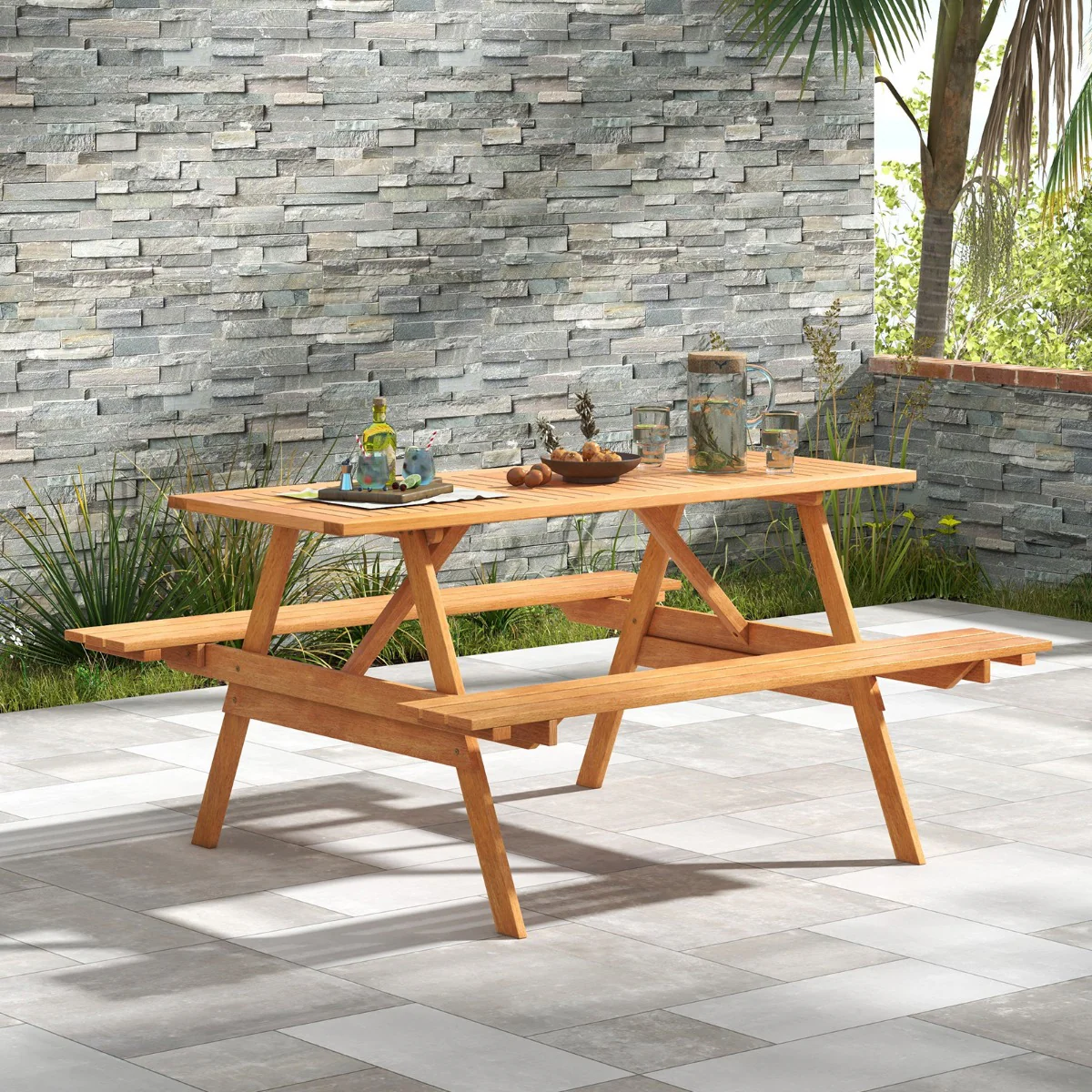 Patio Rectangle Picnic Table with 2 Built-in Benches for Backyard Garden Deck - Image 2