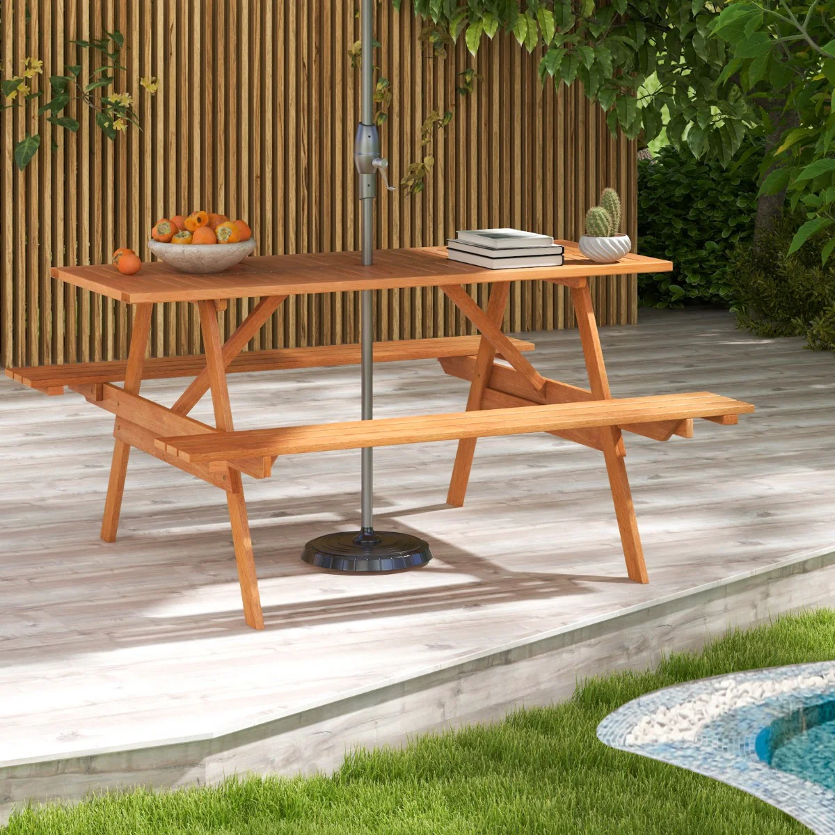 Patio Rectangle Picnic Table with 2 Built-in Benches for Backyard Garden Deck - Image 3