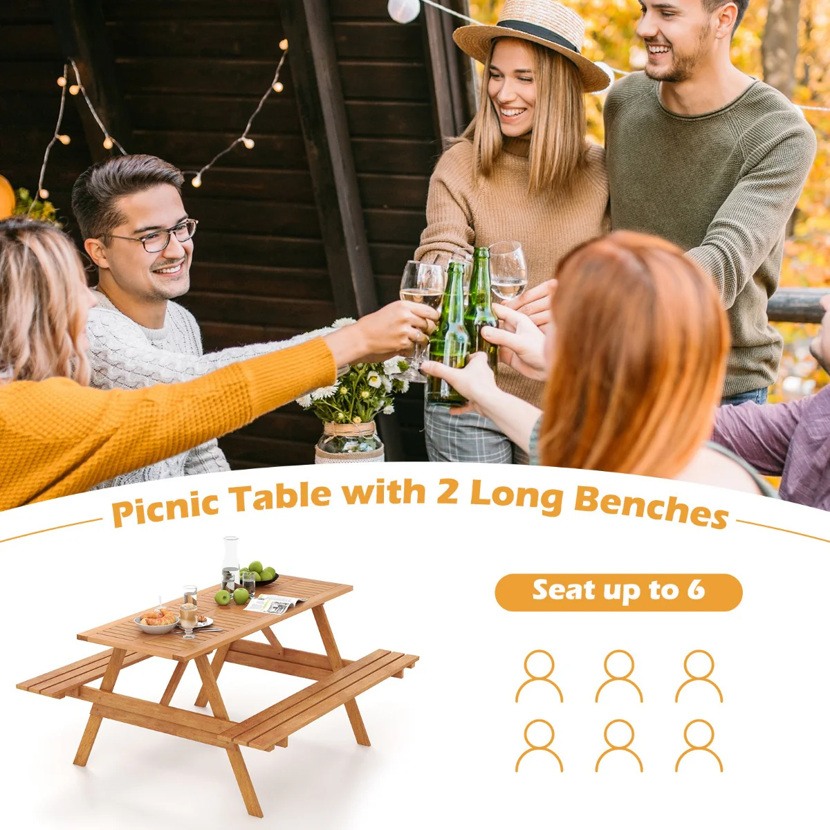 Patio Rectangle Picnic Table with 2 Built-in Benches for Backyard Garden Deck - Image 5
