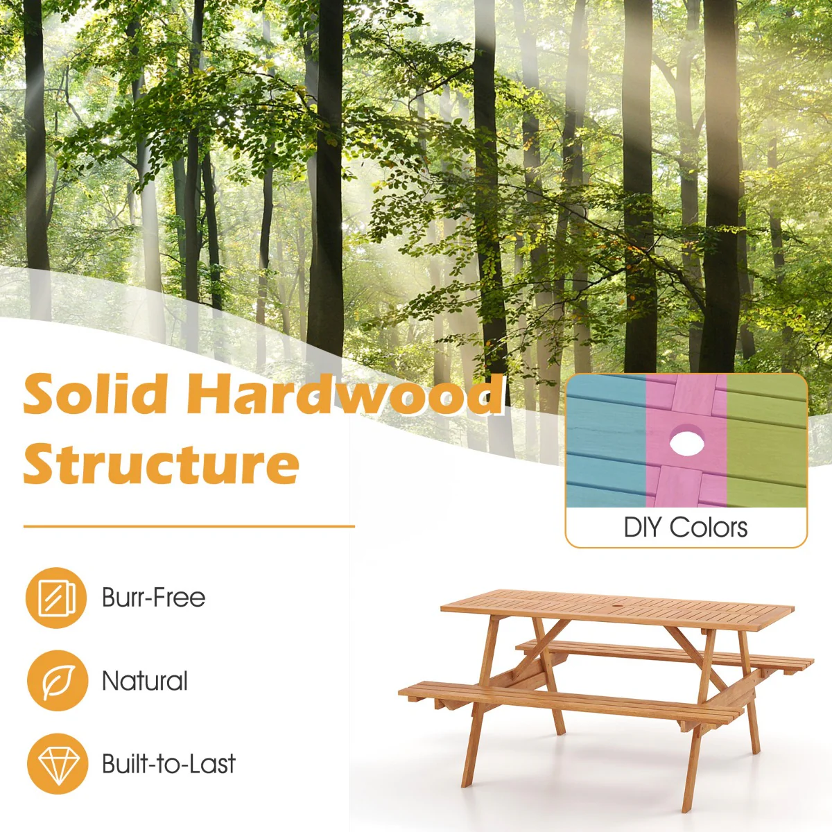 Patio Rectangle Picnic Table with 2 Built-in Benches for Backyard Garden Deck - Image 6