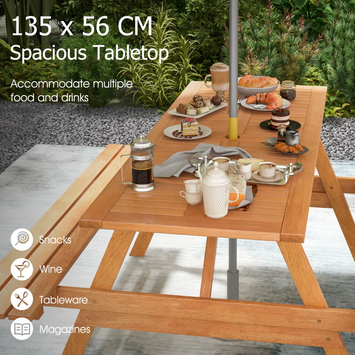 Patio Rectangle Picnic Table with 2 Built-in Benches for Backyard Garden Deck - Image 7