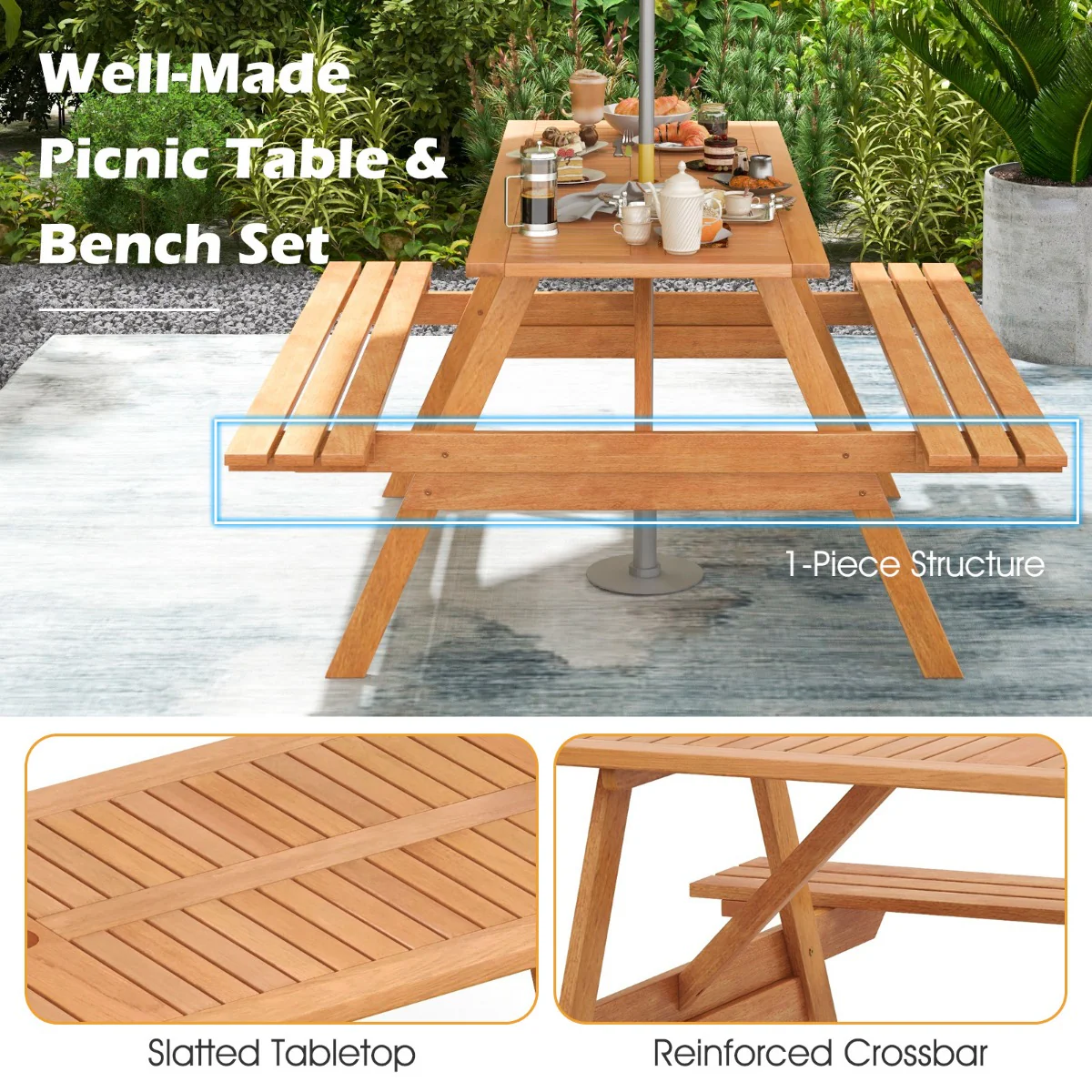 Patio Rectangle Picnic Table with 2 Built-in Benches for Backyard Garden Deck - Image 9