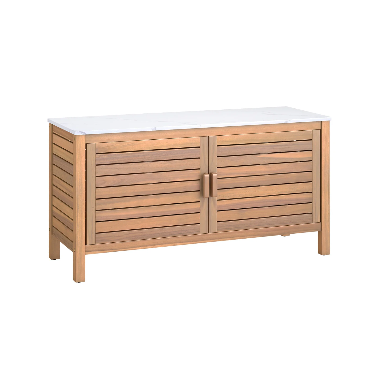 Patio Storage Cabinet 2-Door Acacia Wood Storage Container With Faux Marble Top