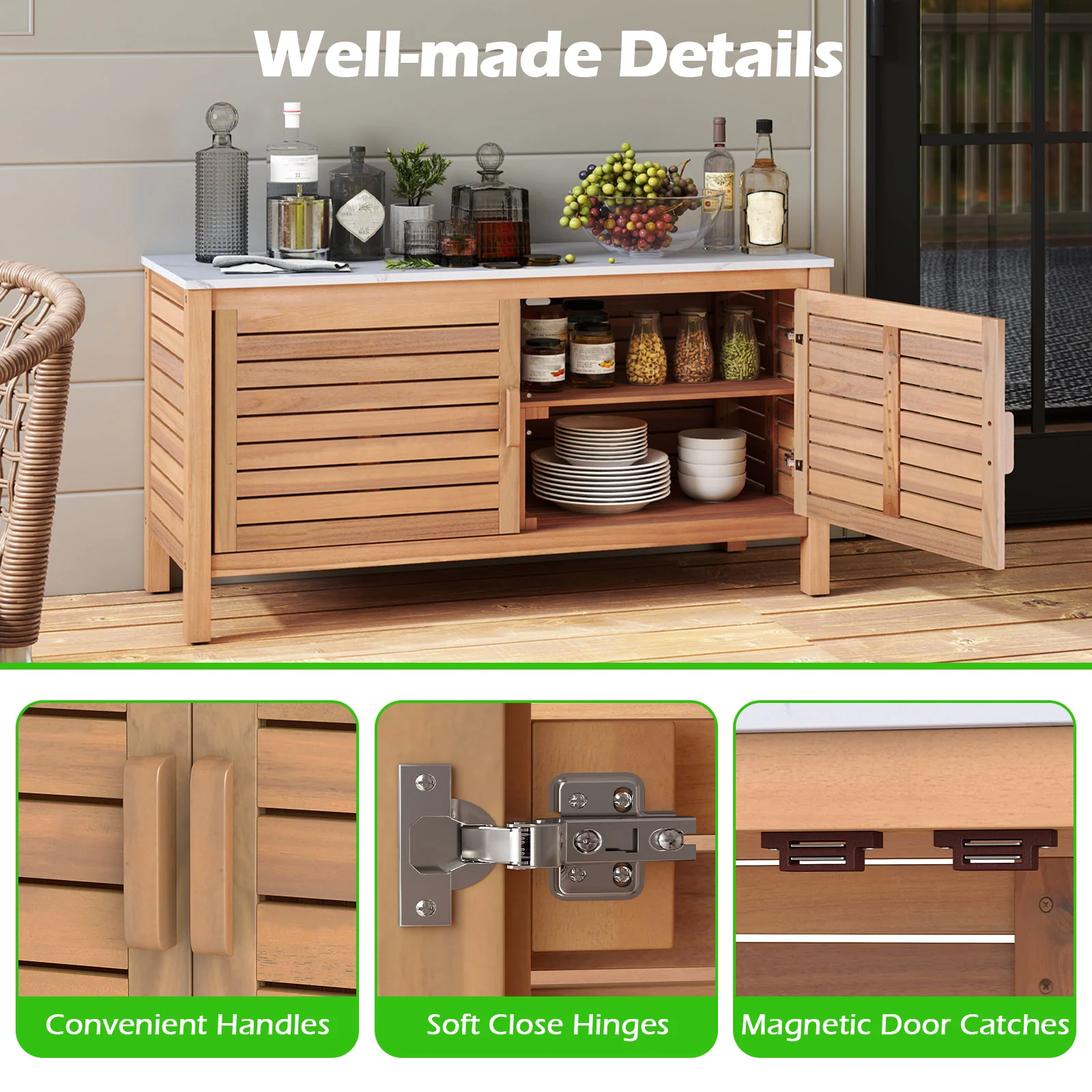 Patio Storage Cabinet 2-Door Acacia Wood Storage Container With Faux Marble Top - Image 10