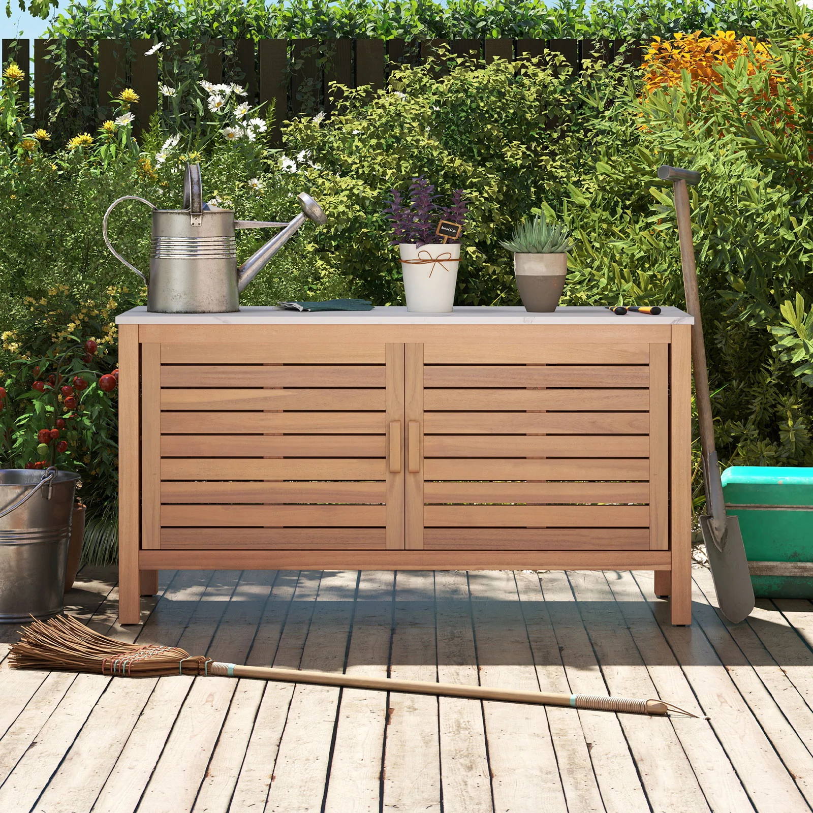 Patio Storage Cabinet 2-Door Acacia Wood Storage Container With Faux Marble Top - Image 5