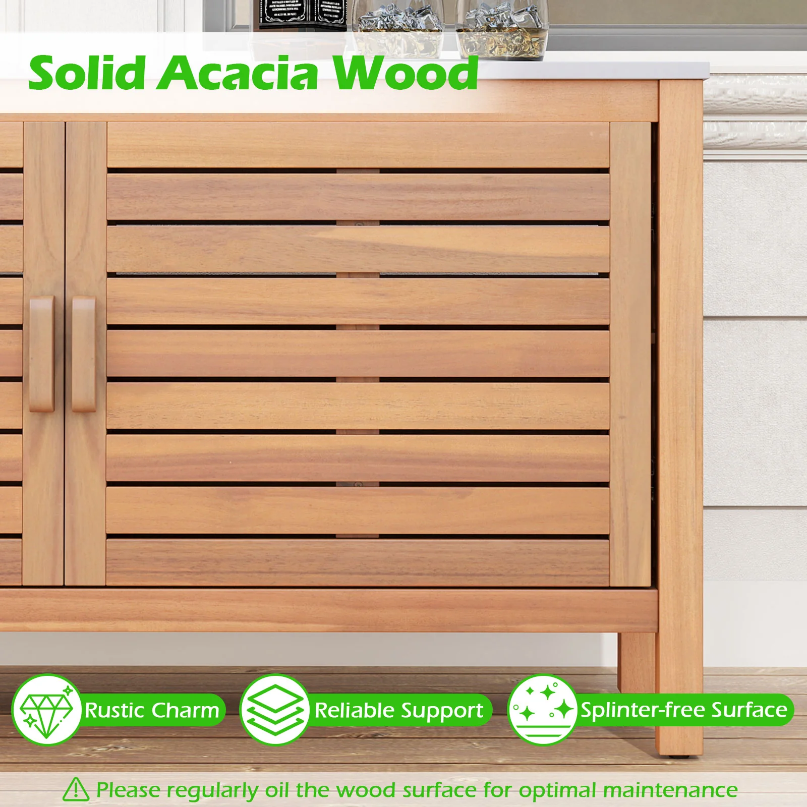 Patio Storage Cabinet 2-Door Acacia Wood Storage Container With Faux Marble Top - Image 8