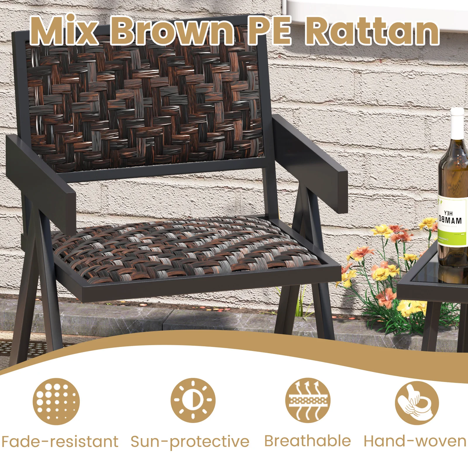 Patio Table and Chairs Set with Quick-Drying Foam for Porch and Balcony-Brown - Image 8
