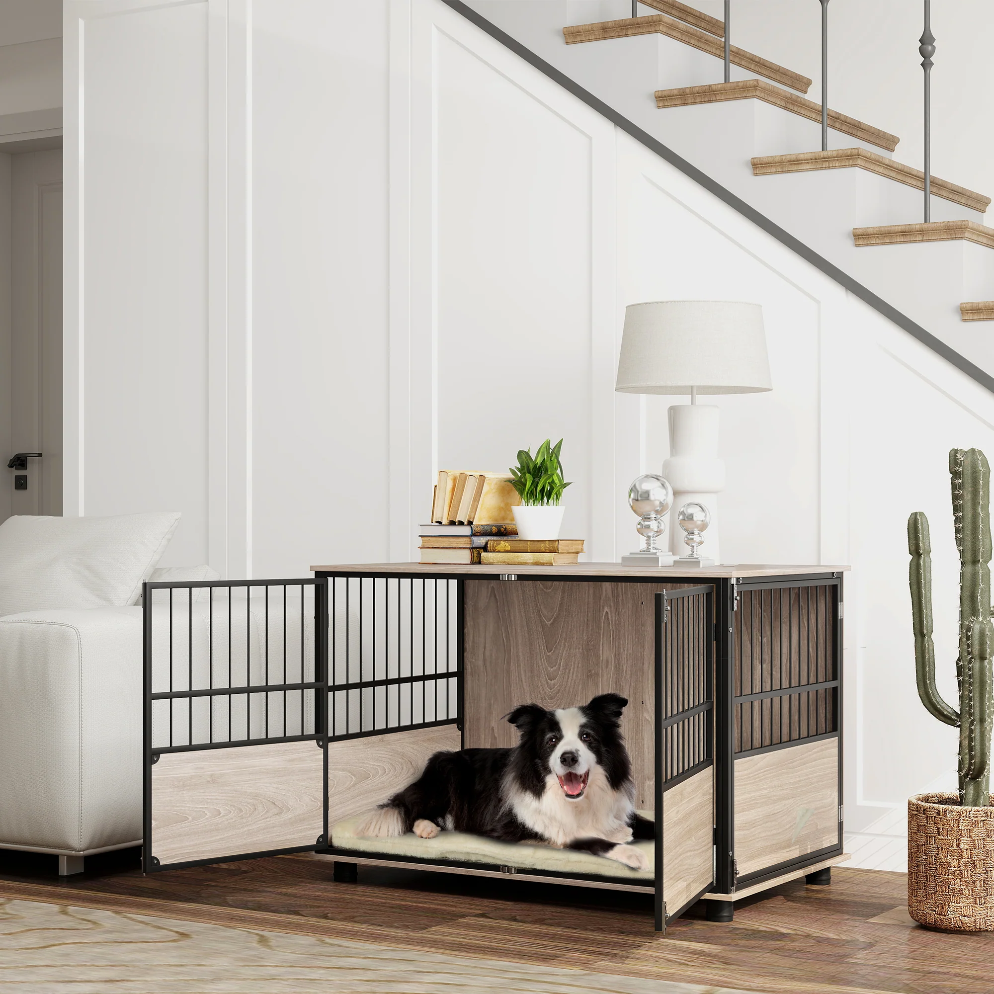 PawHut 100cm Dog Crate Furniture Dog Cage End Table Indoor w/ Doors, Cushion - Image 2