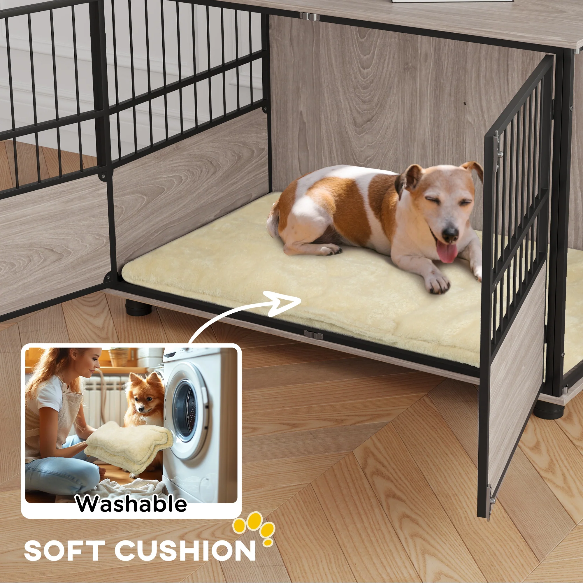 PawHut 100cm Dog Crate Furniture Dog Cage End Table Indoor w/ Doors, Cushion - Image 4