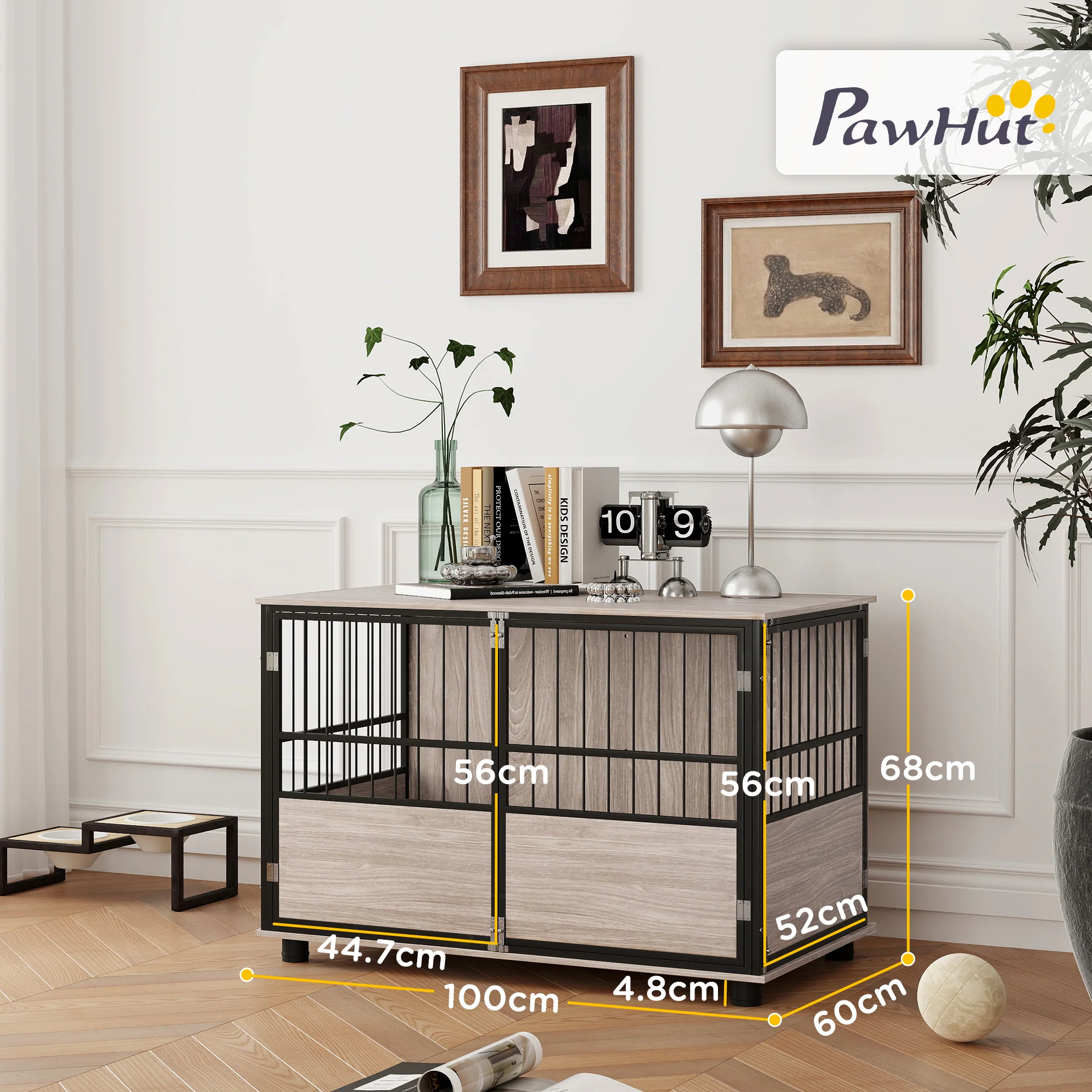 PawHut 100cm Dog Crate Furniture Dog Cage End Table Indoor w/ Doors, Cushion - Image 5