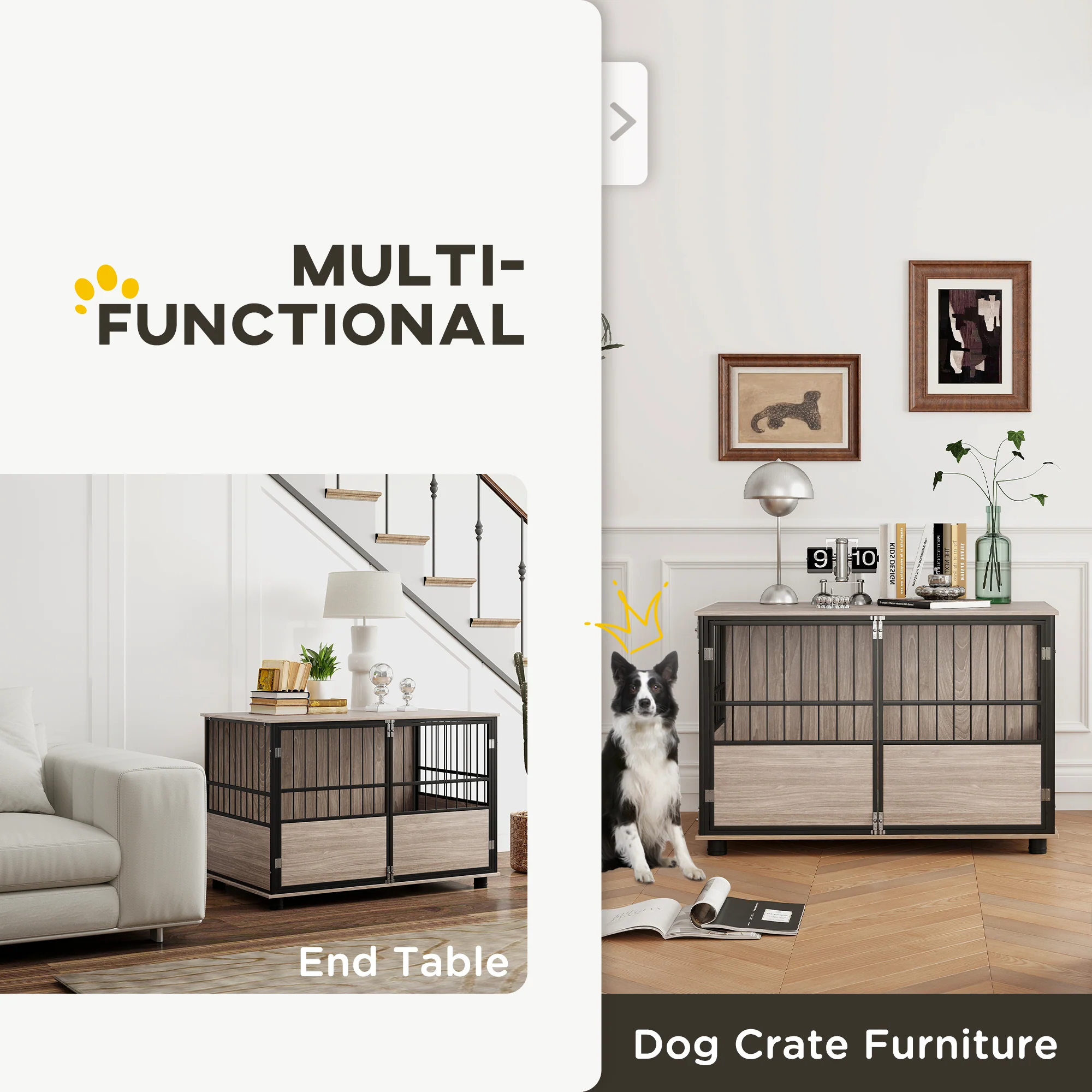 PawHut 100cm Dog Crate Furniture Dog Cage End Table Indoor w/ Doors, Cushion - Image 6