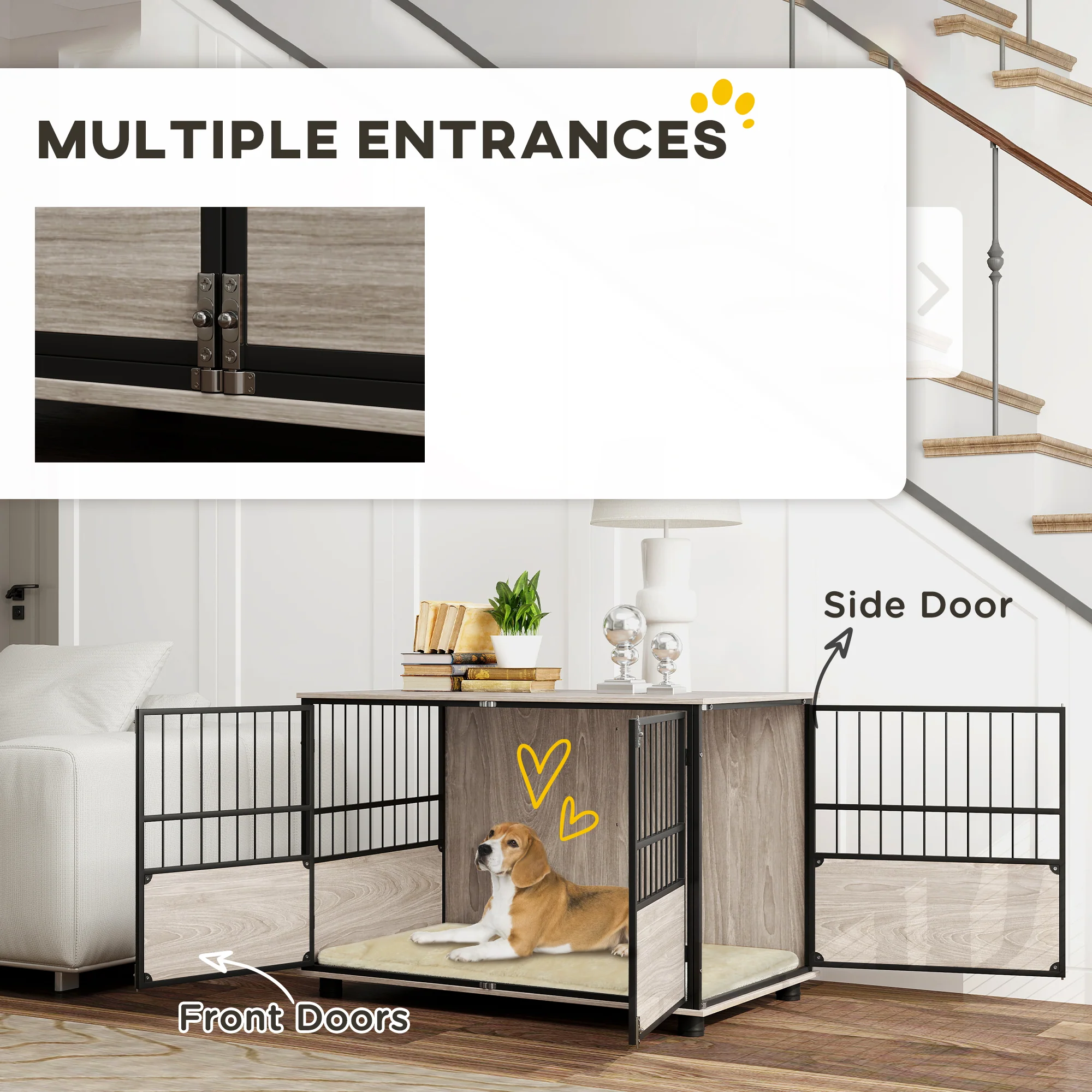 PawHut 100cm Dog Crate Furniture Dog Cage End Table Indoor w/ Doors, Cushion - Image 8