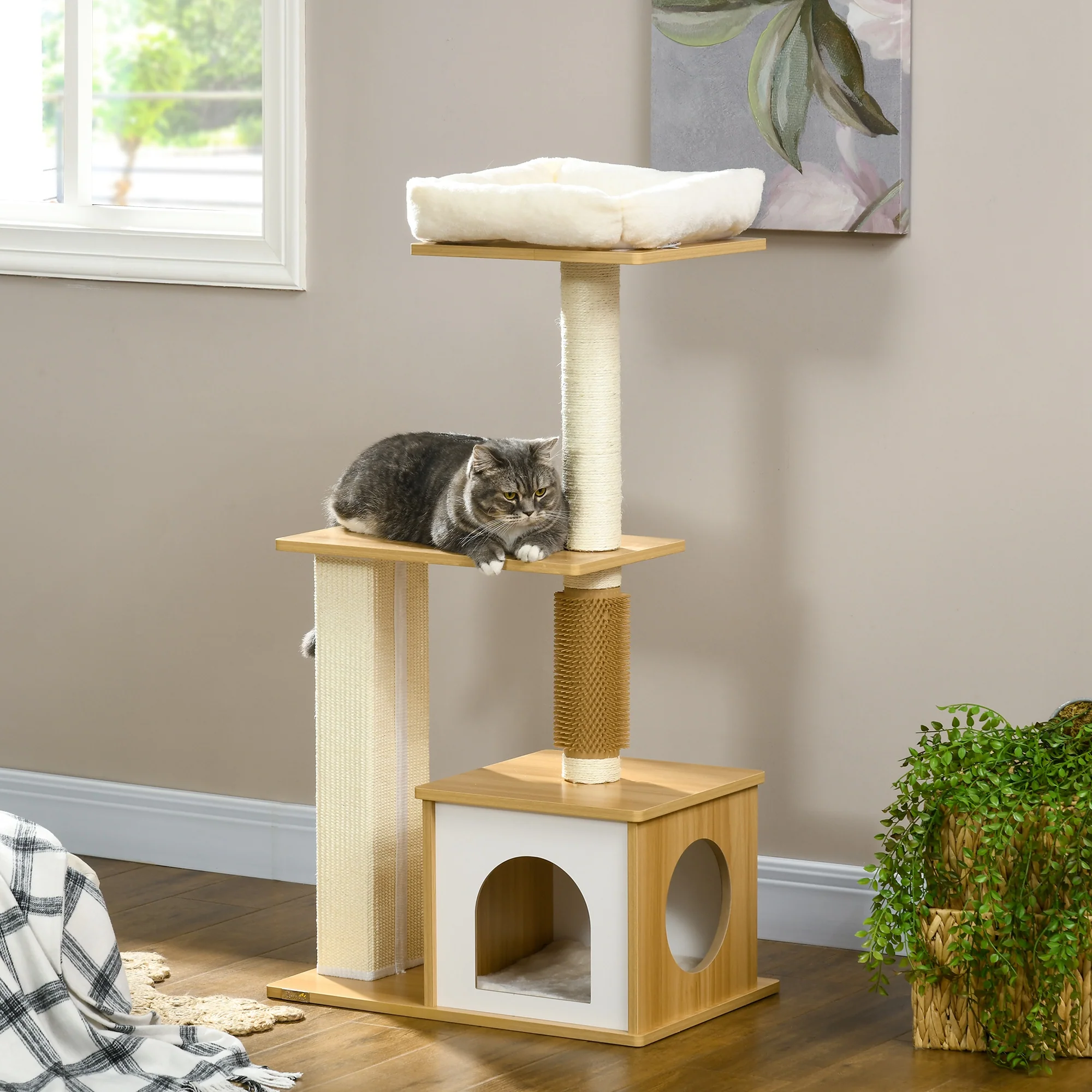 PawHut 114cm Cat Tree for Indoor Cats with Scratching Posts, Cat House, Cat Bed - Image 2
