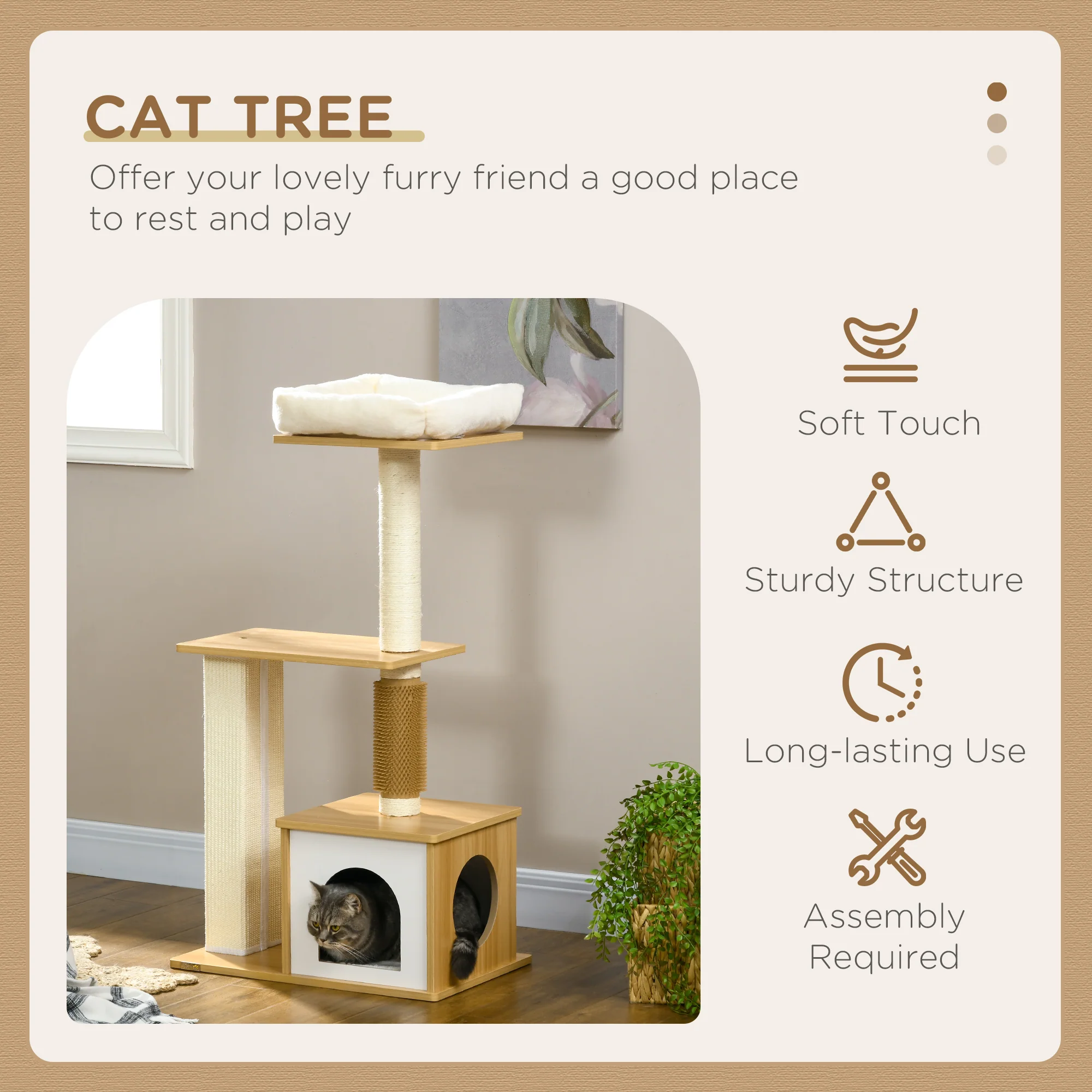 PawHut 114cm Cat Tree for Indoor Cats with Scratching Posts, Cat House, Cat Bed - Image 3