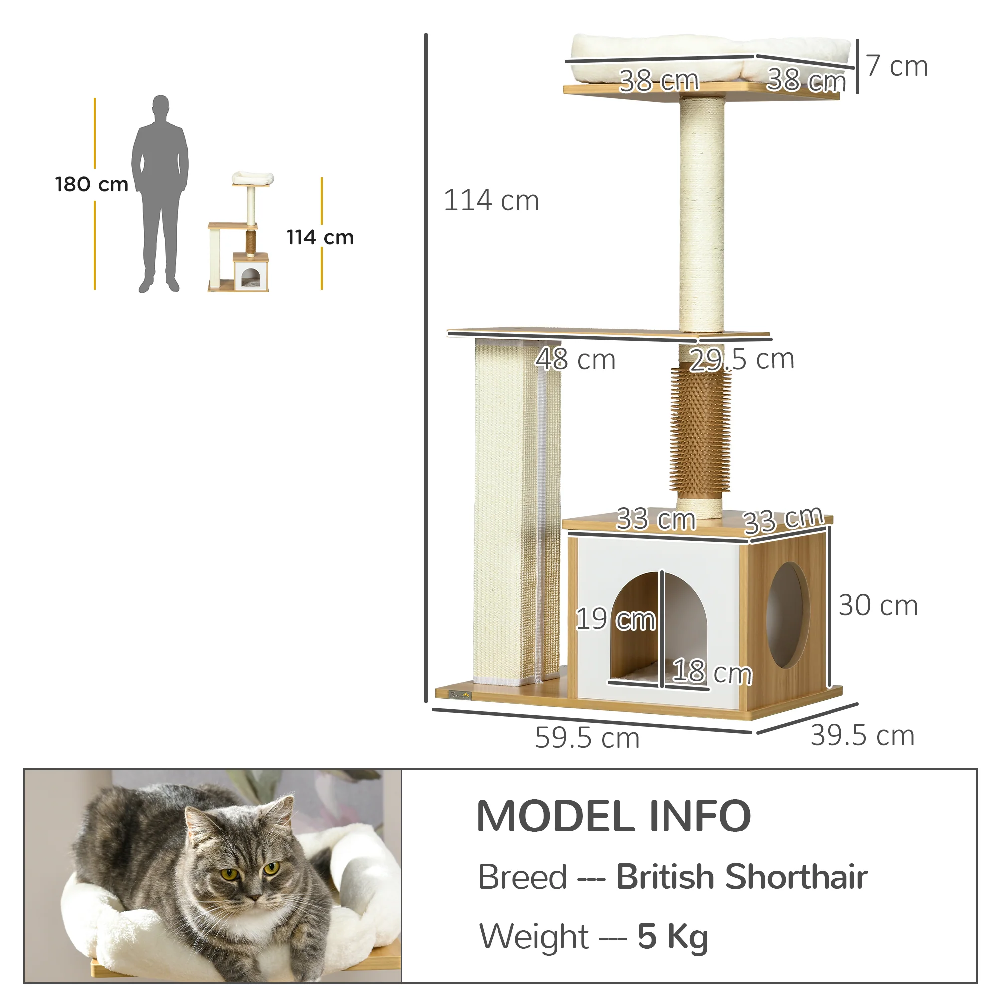 PawHut 114cm Cat Tree for Indoor Cats with Scratching Posts, Cat House, Cat Bed - Image 5