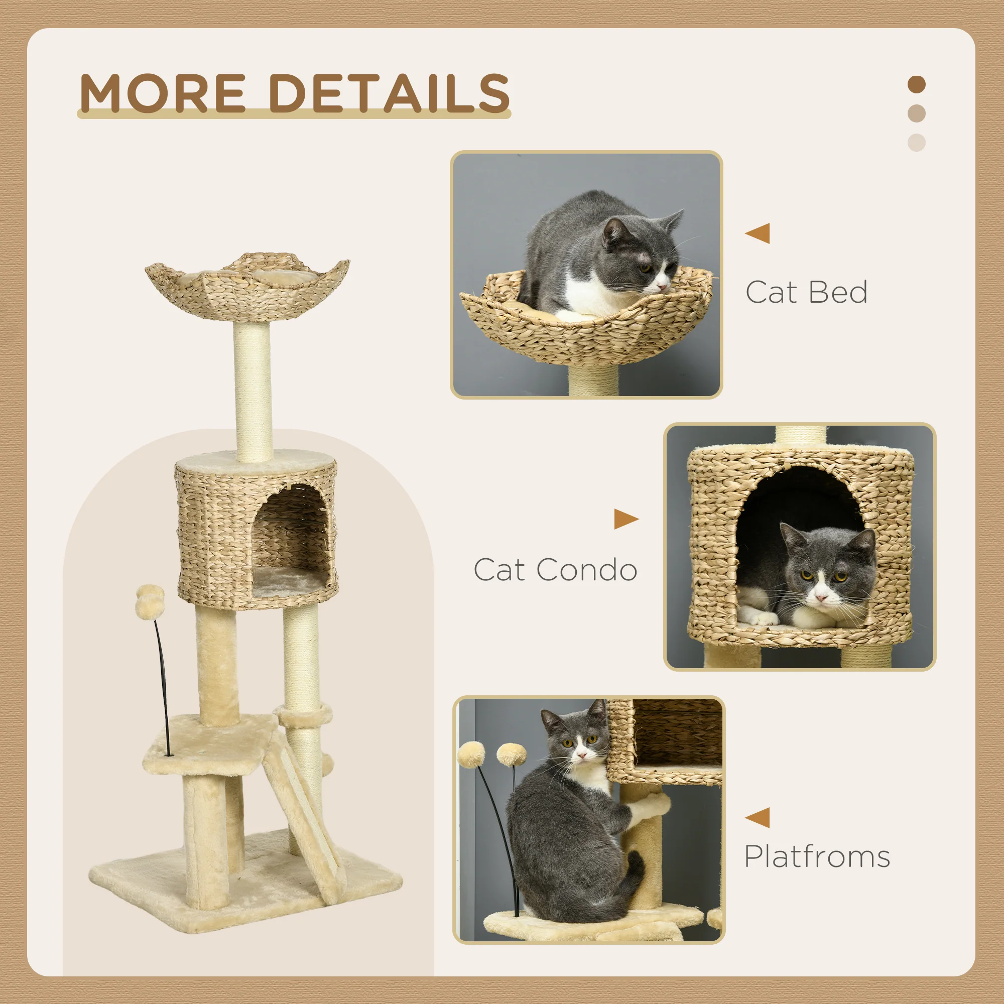 PawHut 116cm Cat Tree Tower w/ Scratching Post, Cat House, Ball, Platform, Beige - Image 4