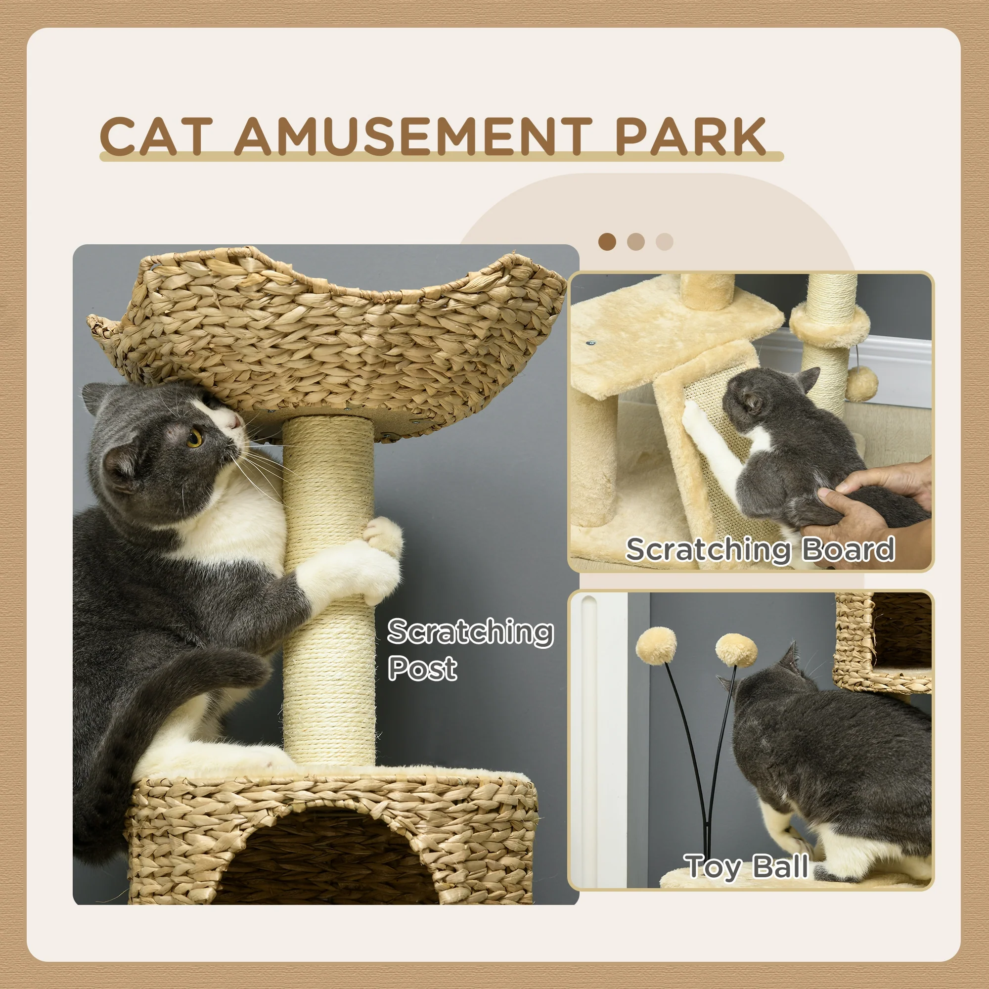 PawHut 116cm Cat Tree Tower w/ Scratching Post, Cat House, Ball, Platform, Beige - Image 5