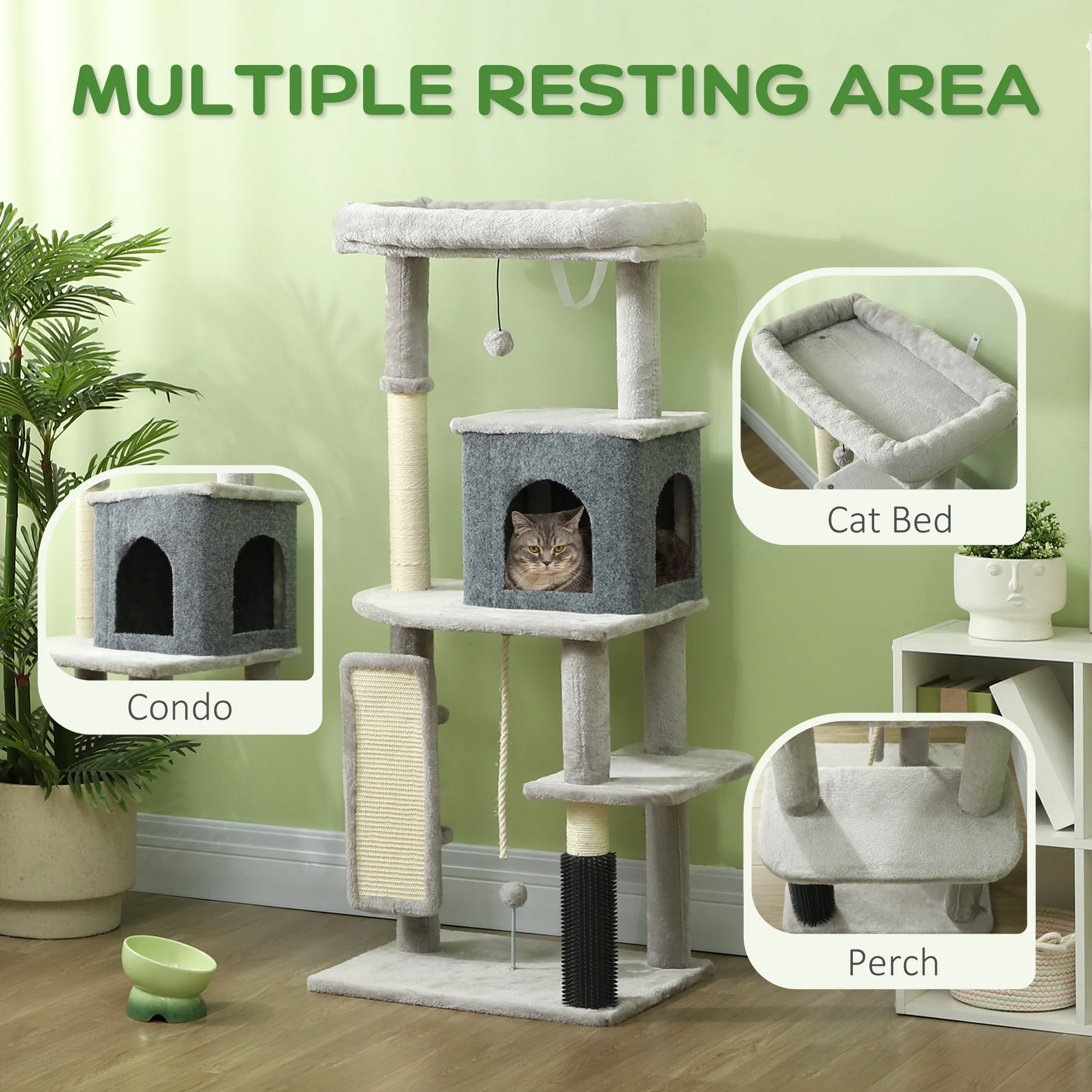 PawHut 132cm Cat Tree For Indoor Cats W/ Scratching Posts, Light Grey - Image 3