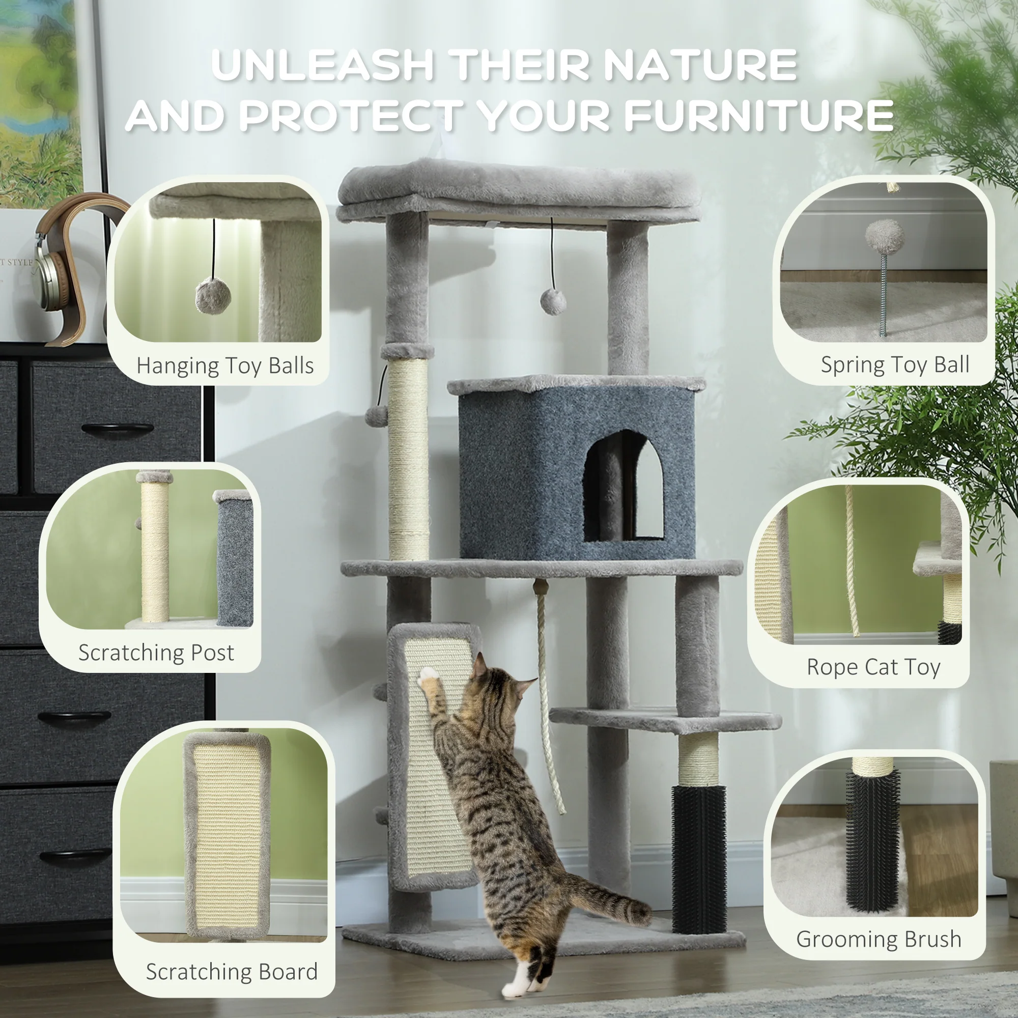 PawHut 132cm Cat Tree For Indoor Cats W/ Scratching Posts, Light Grey - Image 4