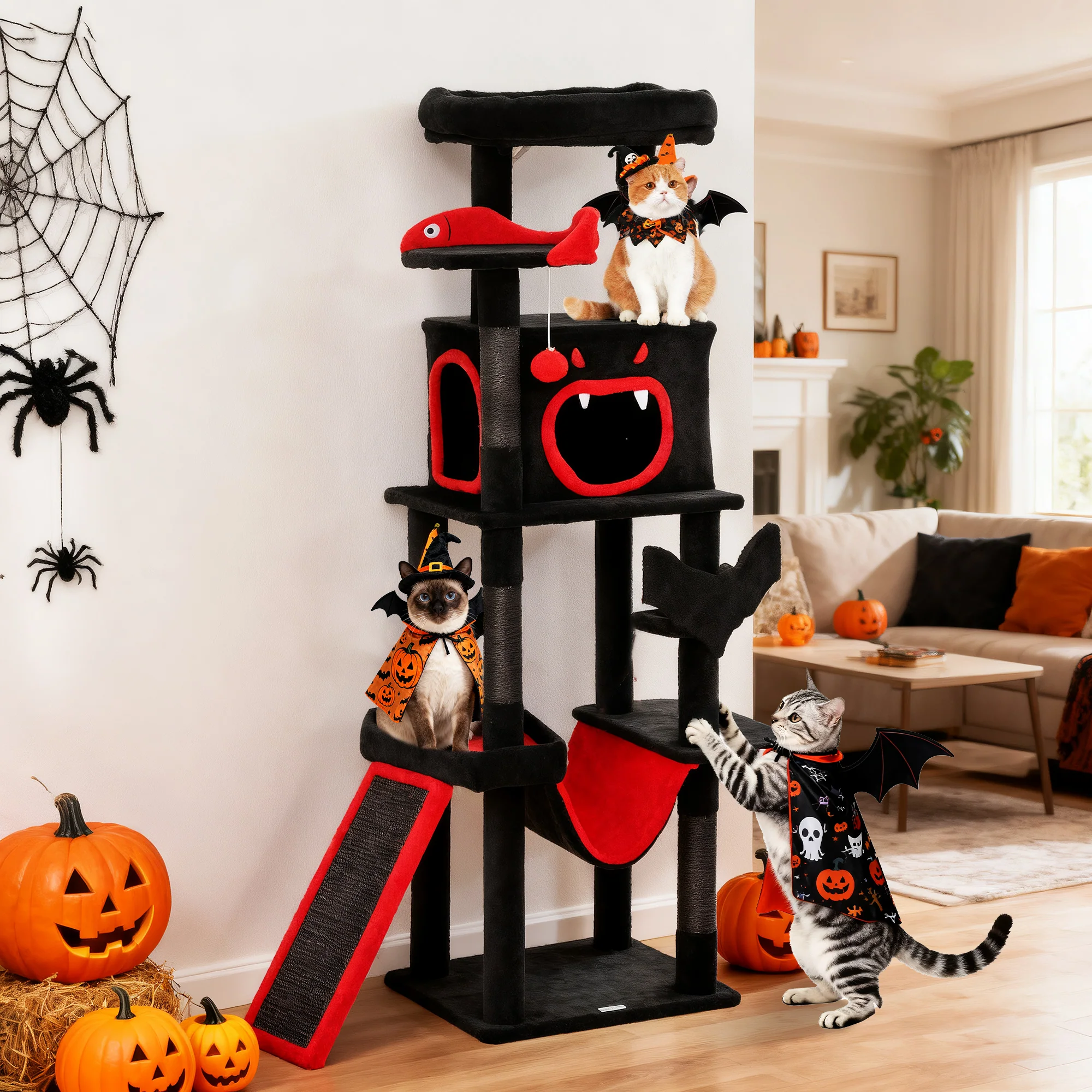 PawHut 152cm Gothic Cat Tree For Halloween With Coffin Bed, Large Condo - Image 2