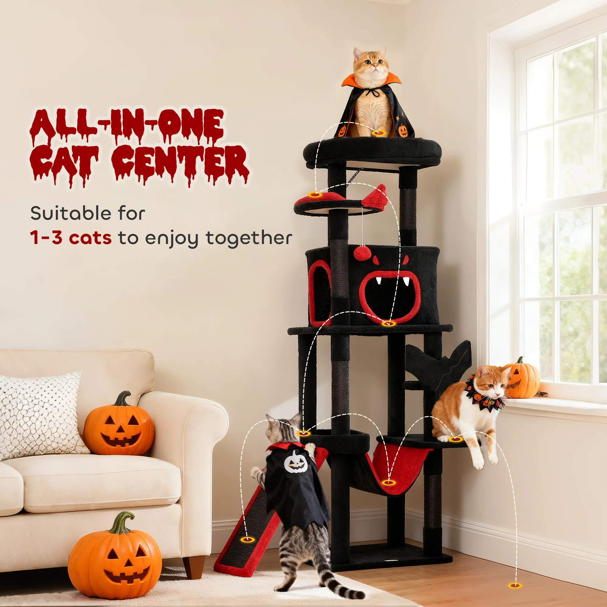 PawHut 152cm Gothic Cat Tree For Halloween With Coffin Bed, Large Condo - Image 3