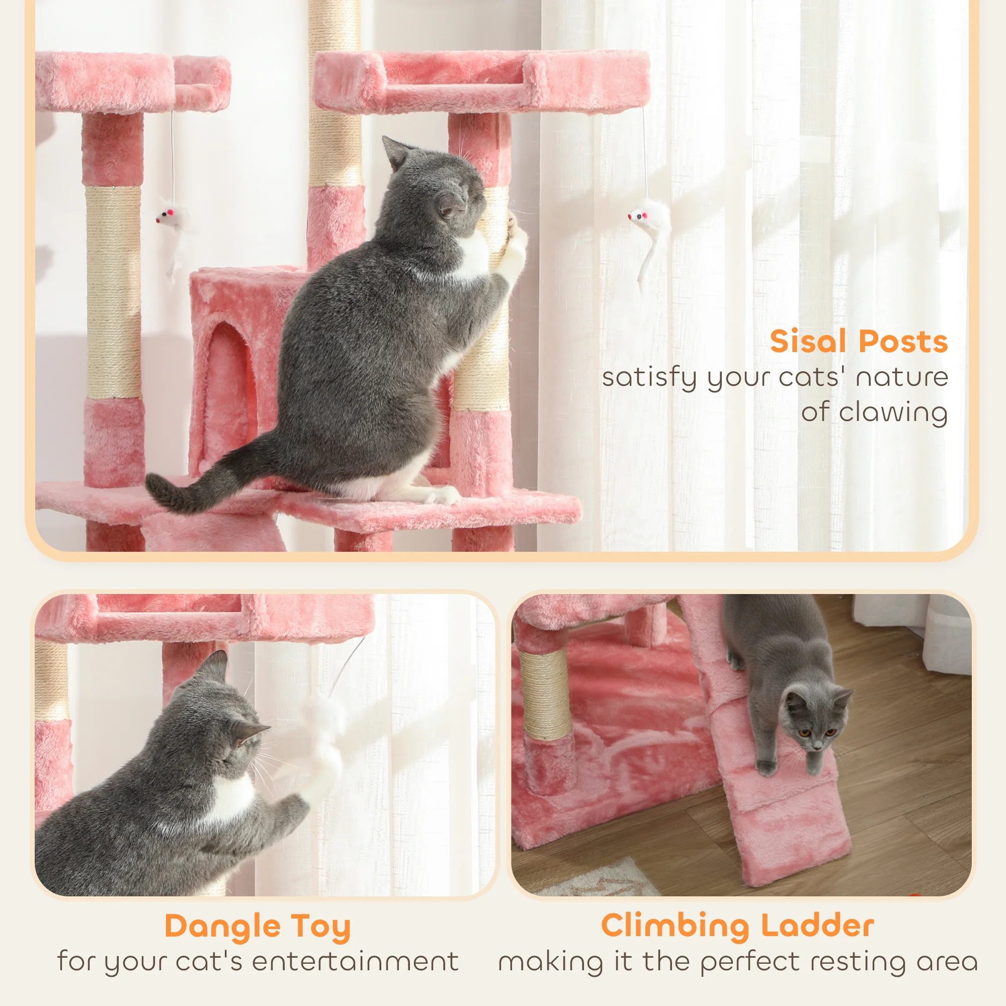 PawHut 173cm Cat Tower Scratching Post Activity Centre for Indoor Pink - Image 4