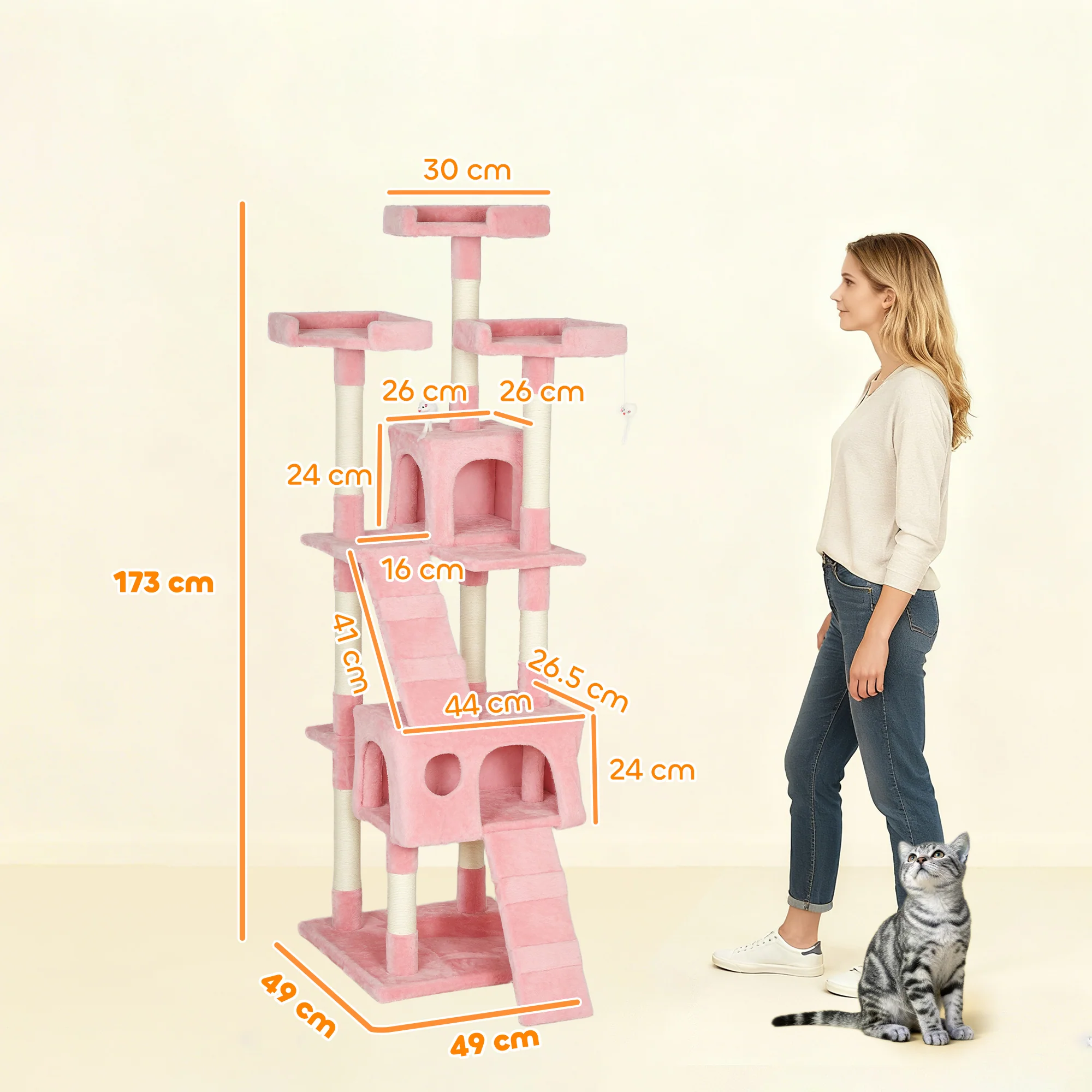 PawHut 173cm Cat Tower Scratching Post Activity Centre for Indoor Pink - Image 5
