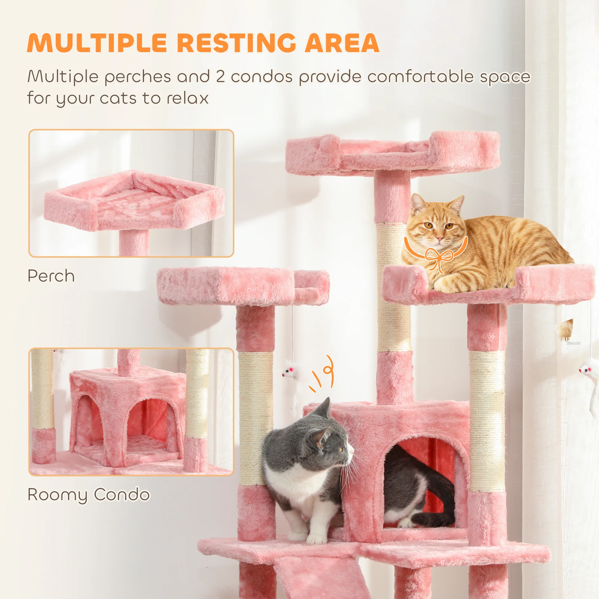 PawHut 173cm Cat Tower Scratching Post Activity Centre for Indoor Pink - Image 6