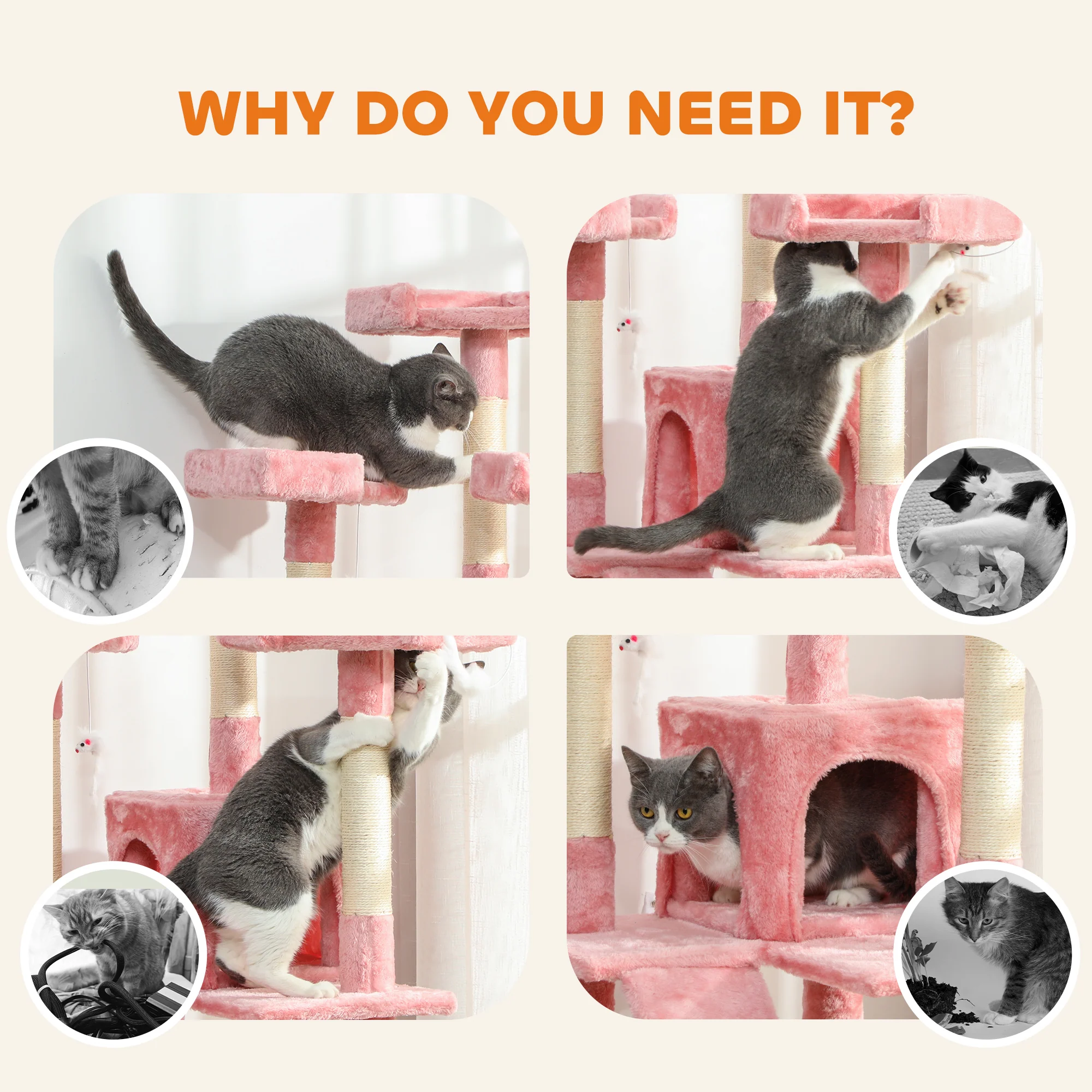 PawHut 173cm Cat Tower Scratching Post Activity Centre for Indoor Pink - Image 7