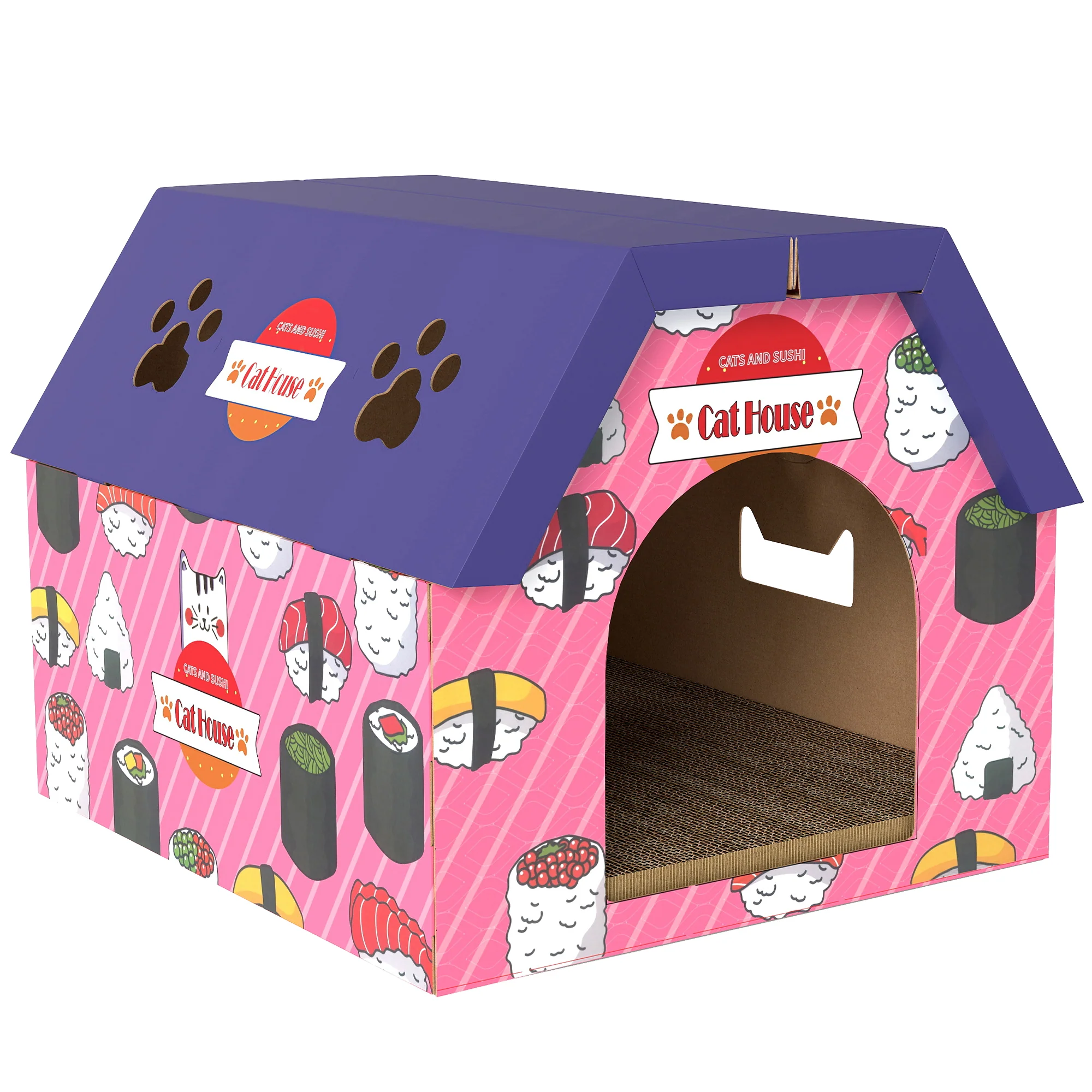 PawHut 2-in-1 Cat Scratching Board House With 4 Paw-Shaped Vents, Pink