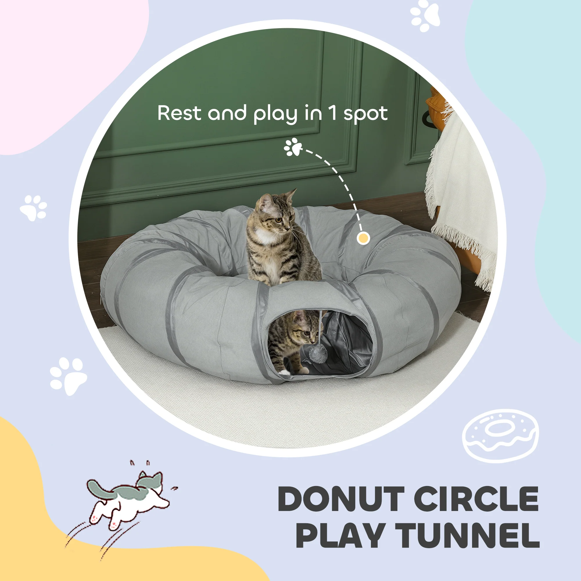 PawHut 2 In 1 Cat Tunnel With Bed, Cat Play Tunnel For Indoor Cats, Grey - Image 3