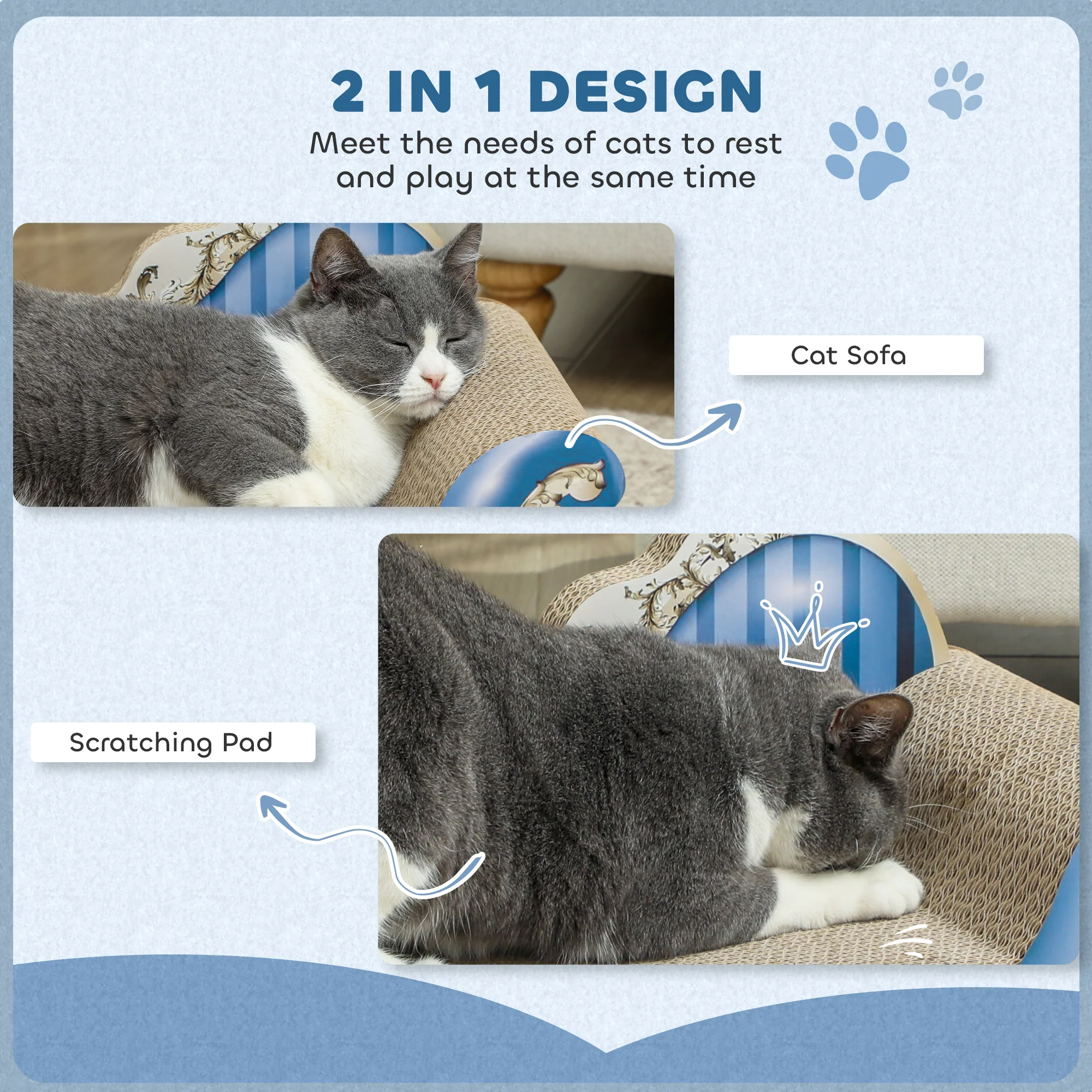 PawHut 2 In1 Cat Scratcher With Catnip, Cardboard Lounge Bed, Blue - Image 3