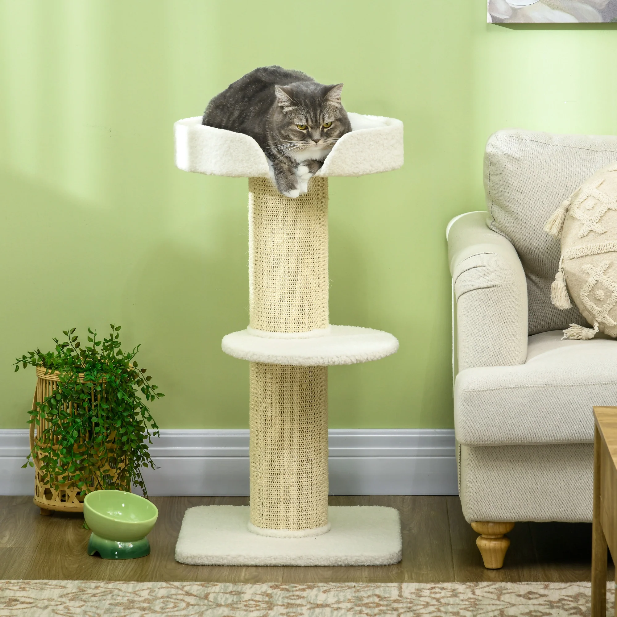 PawHut 2 Tier Cat Resting Tree w/ Top Basket Cushion Sisal Post Cream White - Image 2
