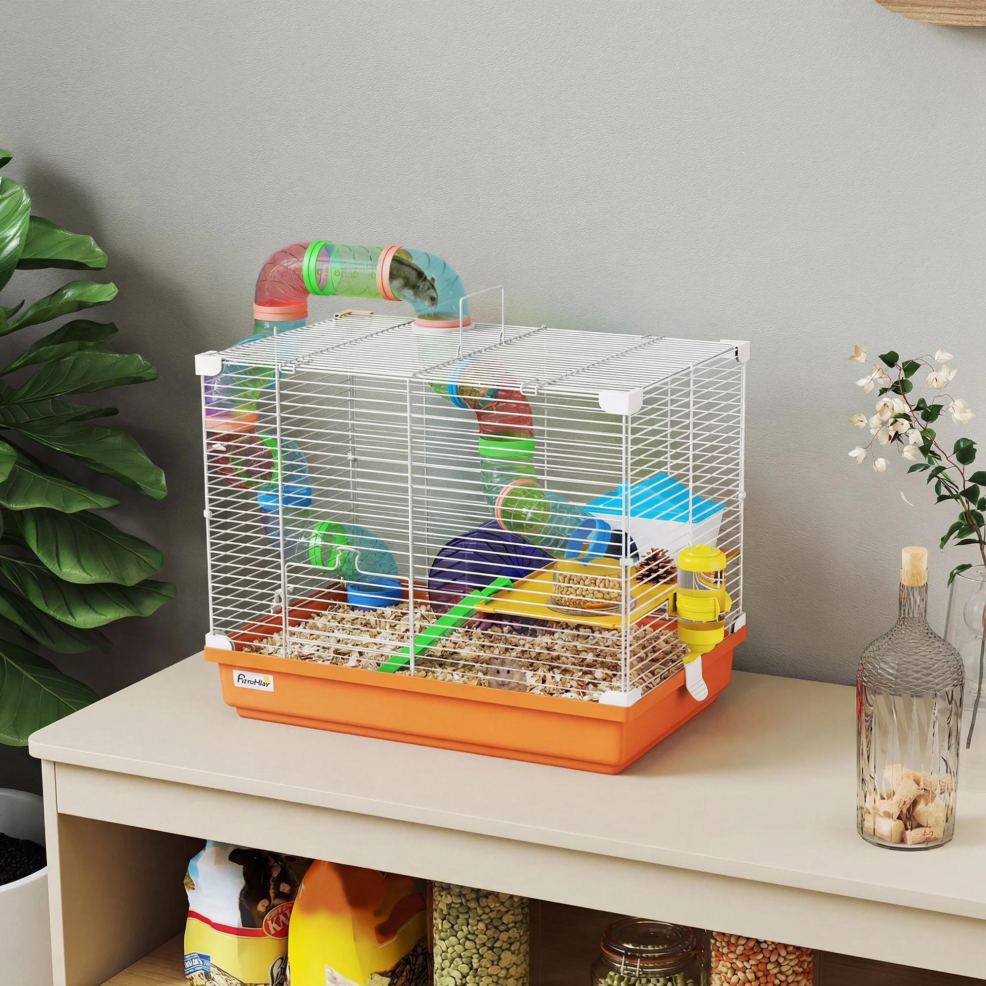 Pawhut 2 Tier Hamster Cage Small Animal House W/ Exercise Wheels Tunnel - Image 2
