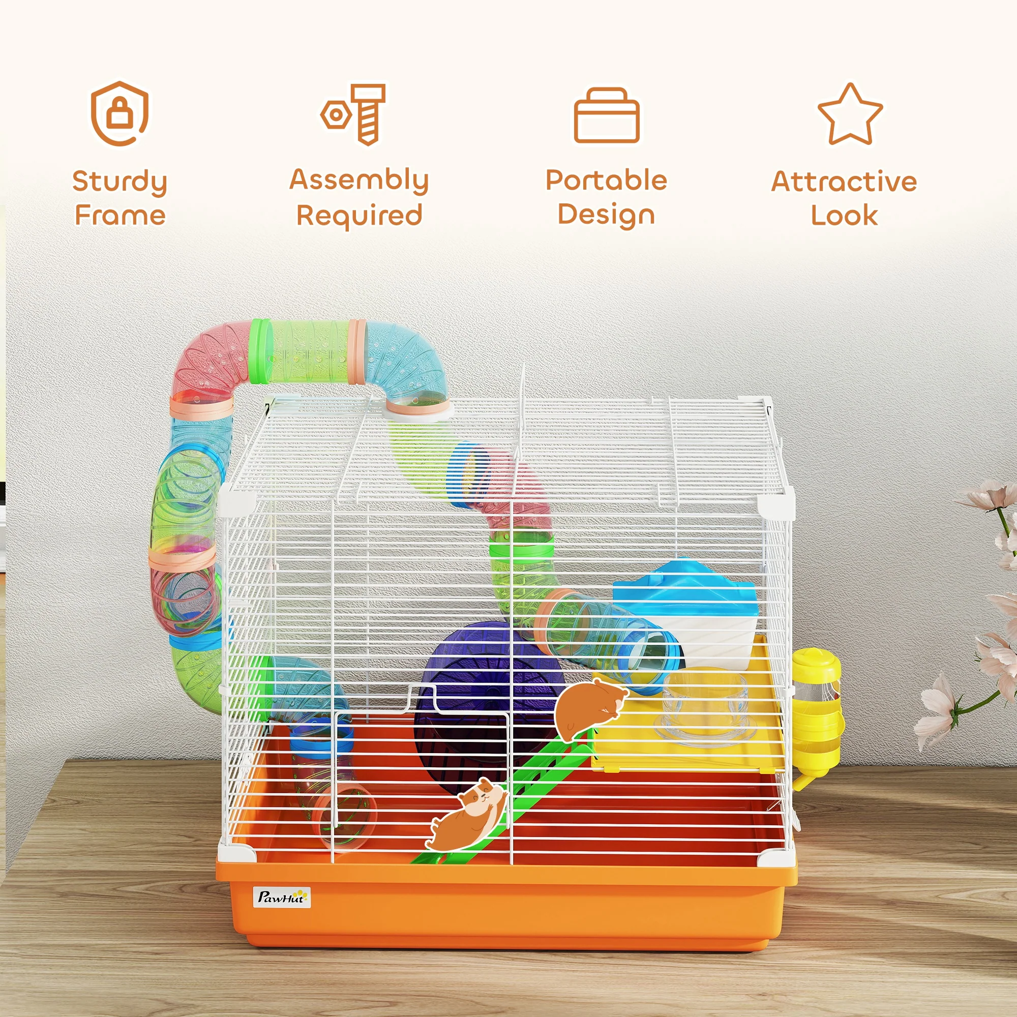 Pawhut 2 Tier Hamster Cage Small Animal House W/ Exercise Wheels Tunnel - Image 7