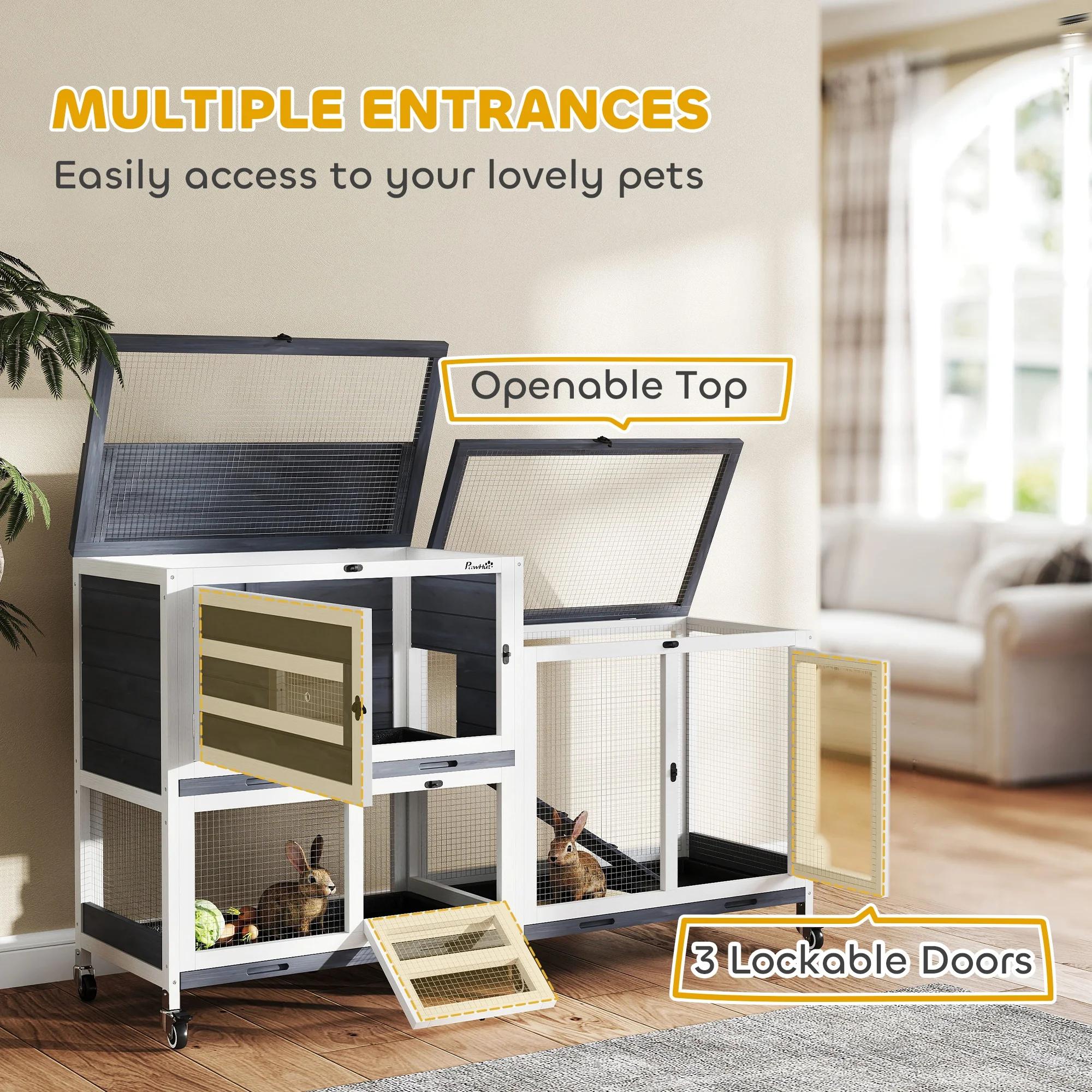 PawHut 2 Tier Rabbit Hutch with Run, Wheels, 2 Openable Top, 3 Plastic Trays - Image 7