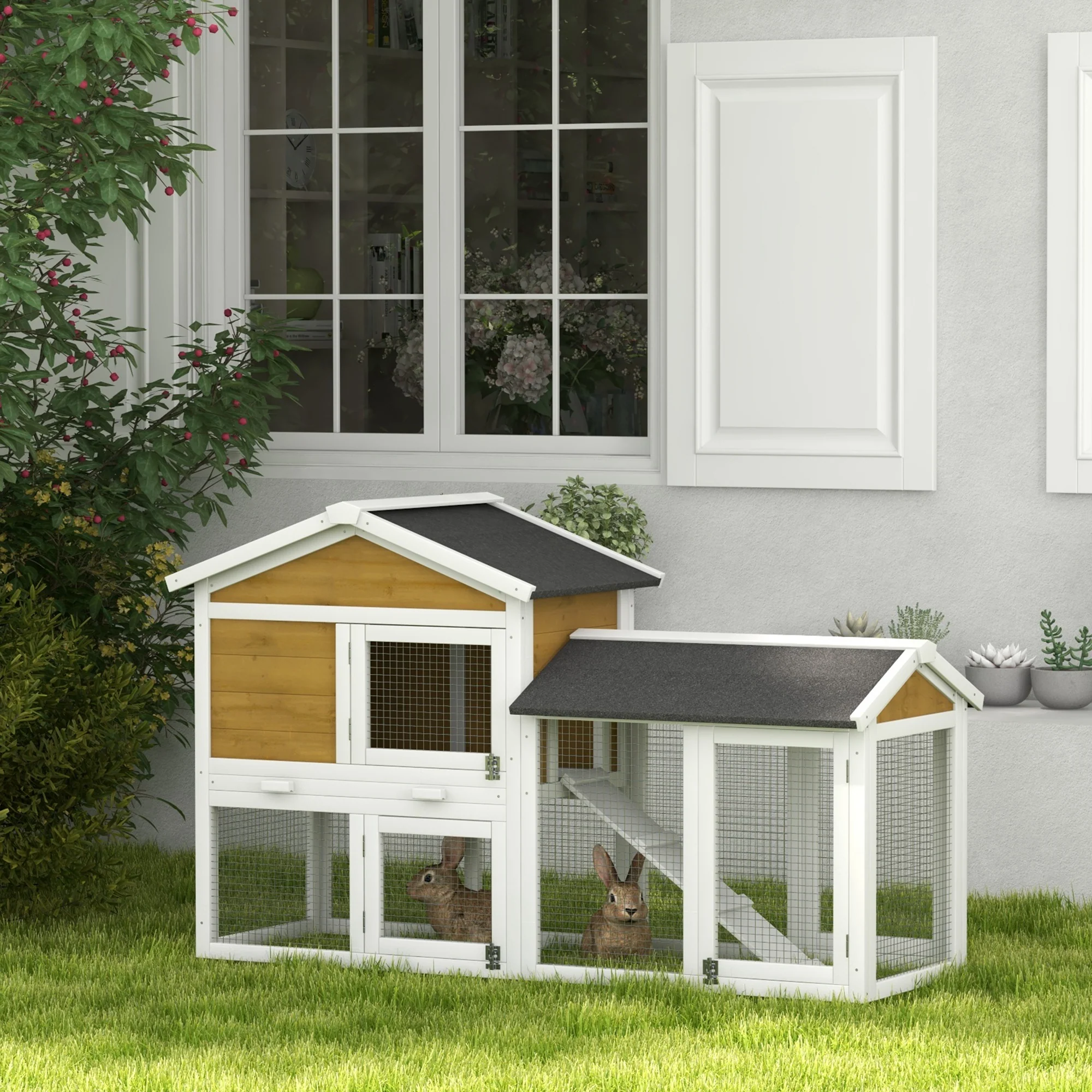 Pawhut 2-Tier Wooden Rabbit Bunny Guinea Pig Hutch Small Pet House Ramp - Image 2