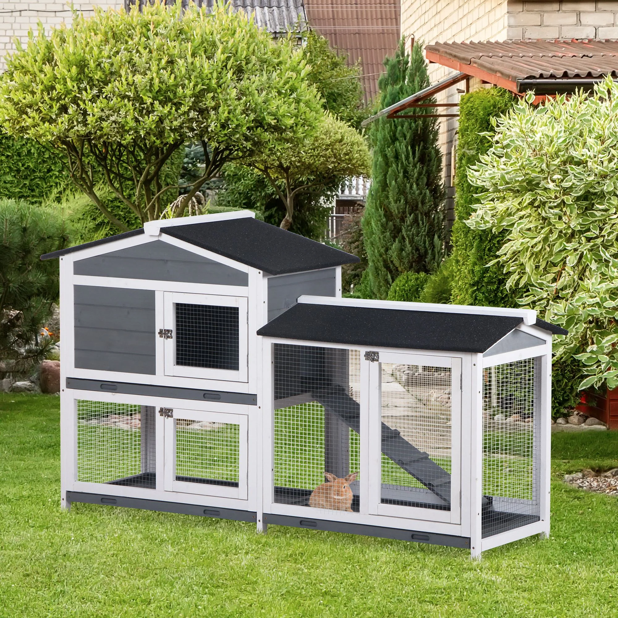 PawHut 2-Tier Wooden Rabbit Hutch Guinea Pig House Pet Cage Outdoor w/ Tray Ramp - Image 2