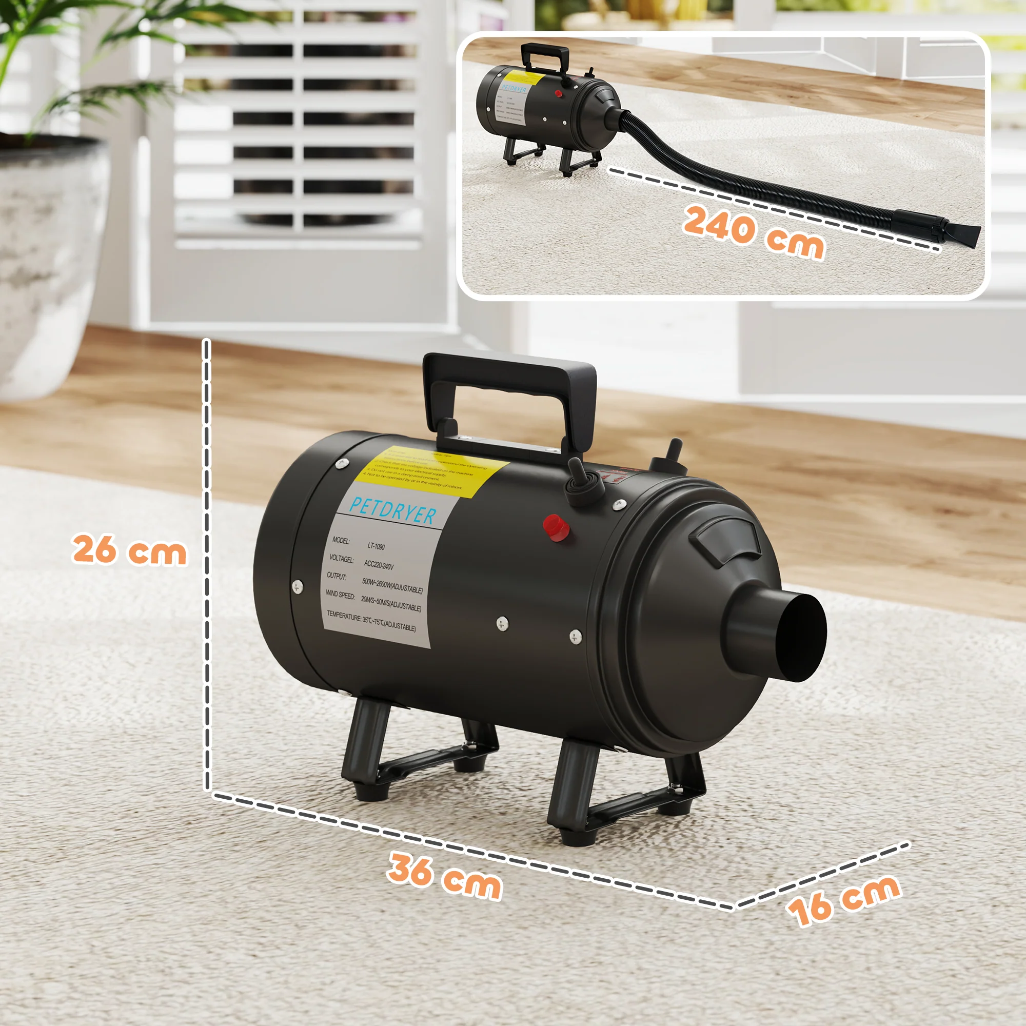 PawHut 2200W Dog Hair Dryer With Adjustable Temperature & Velocity - Image 5
