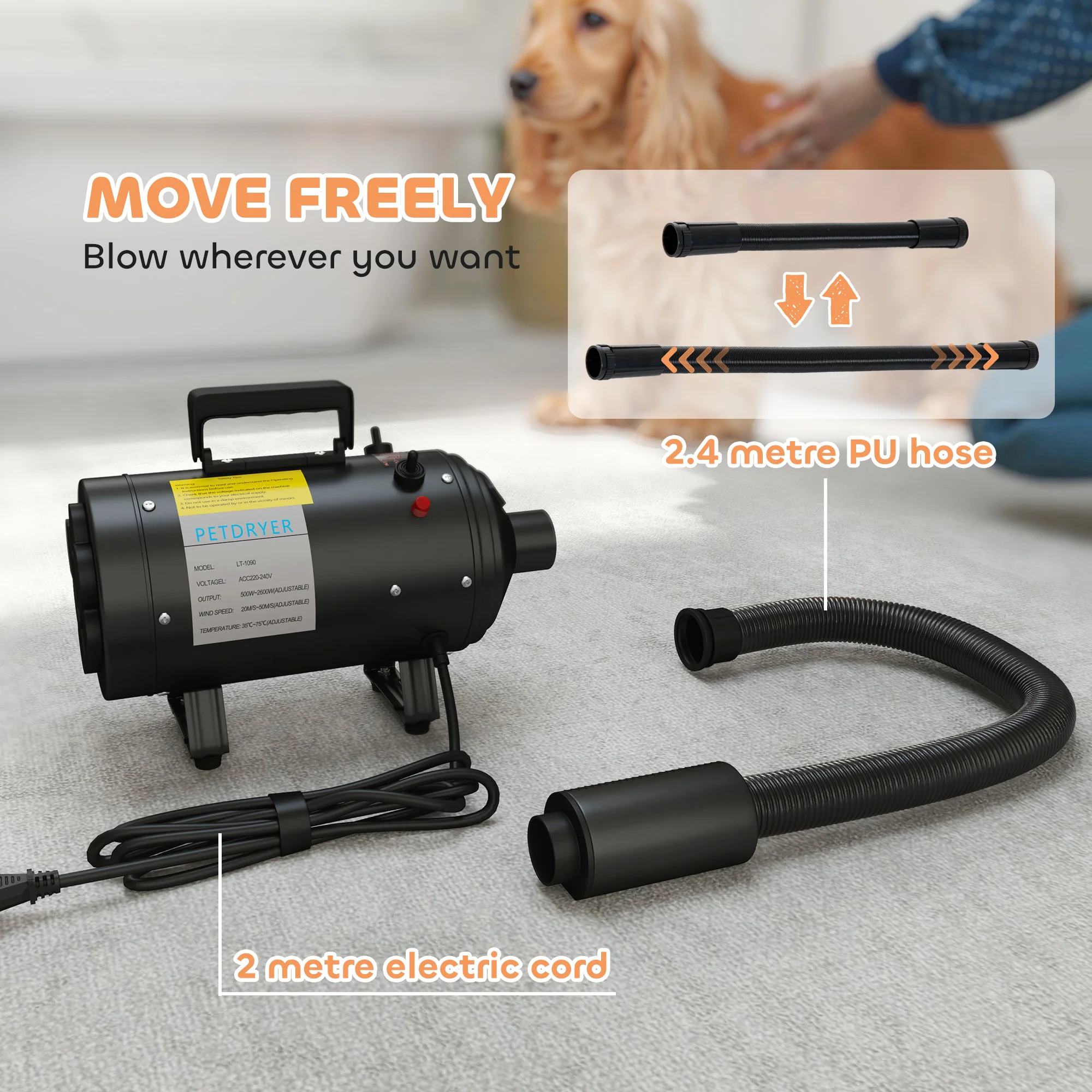 PawHut 2200W Dog Hair Dryer With Adjustable Temperature & Velocity - Image 7