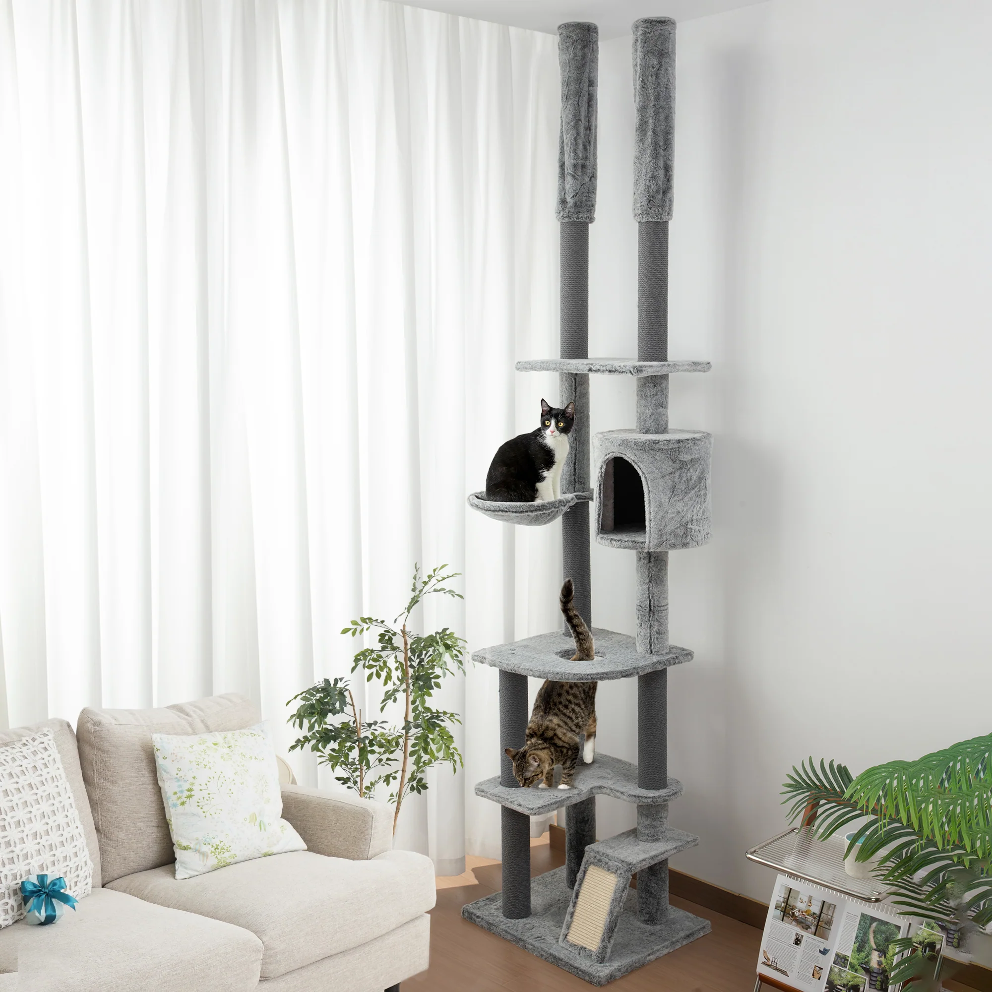 PawHut 225-255cmH Floor-to-Ceiling Cat Tree for Indoor Cats w/ Condo Ramp - Image 2