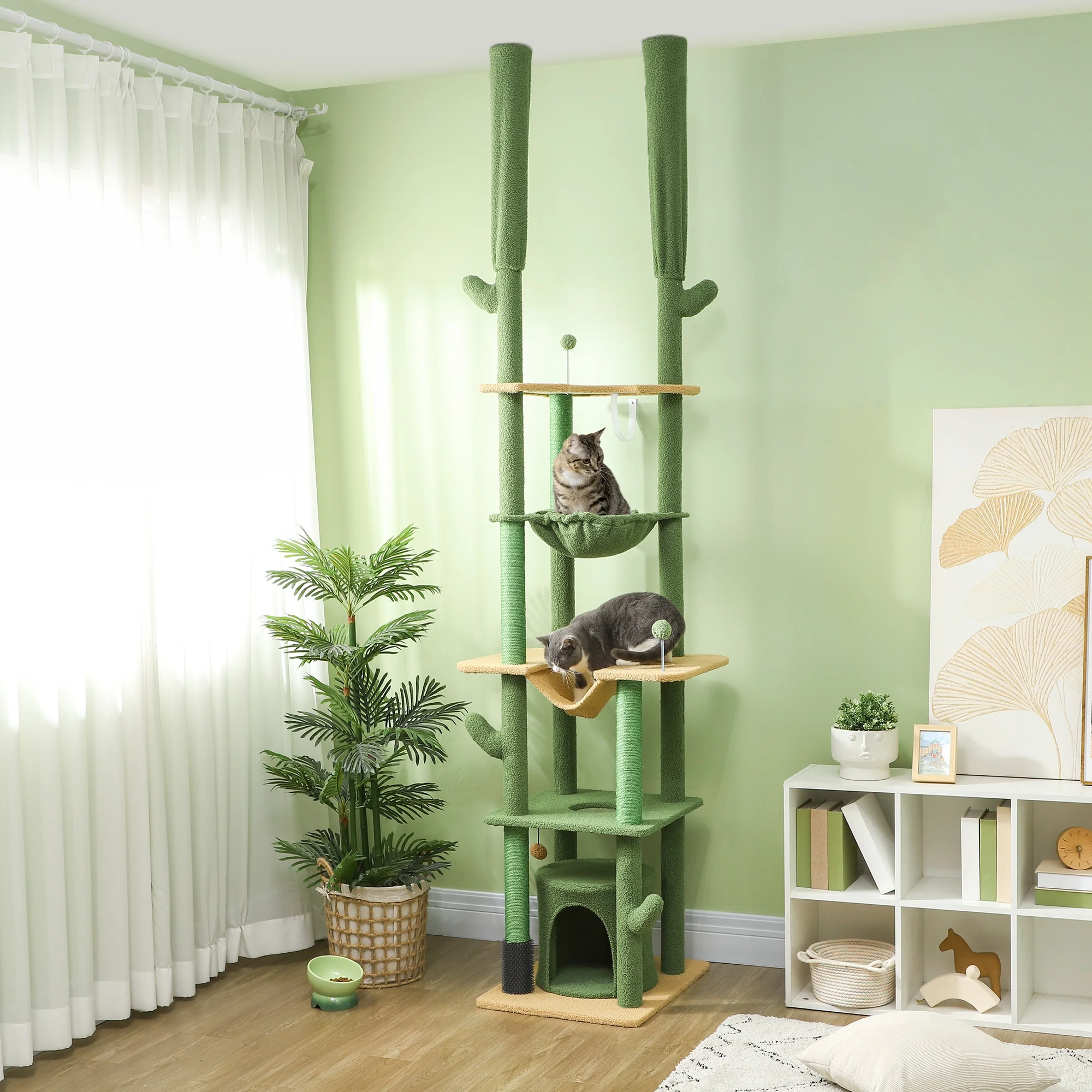 PawHut 225-255Hcm Floor To Ceiling Cat Tree W/ Hammocks, Condo - Green - Image 2