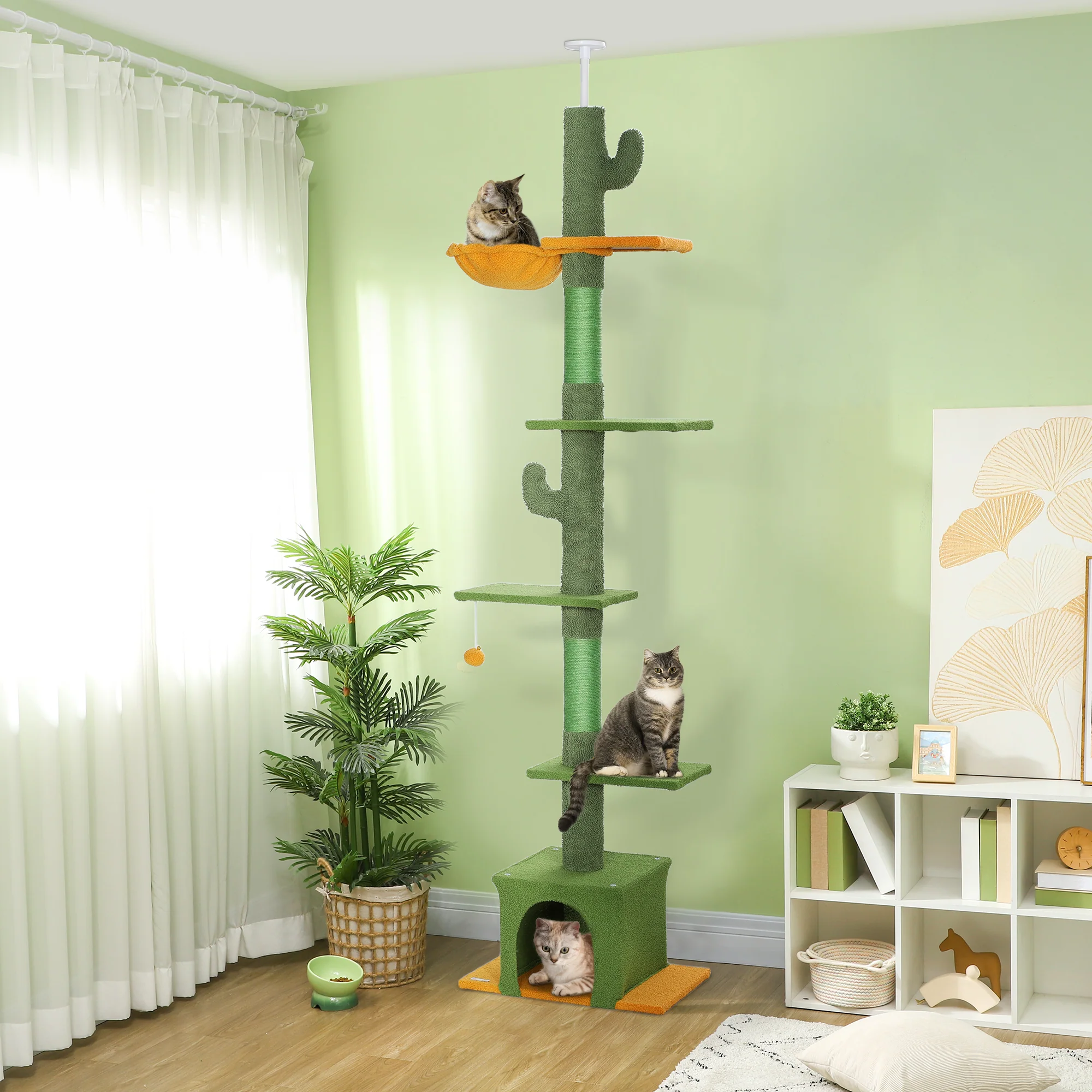 PawHut 230-275cm Floor-to-Ceiling Cat Tree For Indoor Cats With Cat House - Image 2