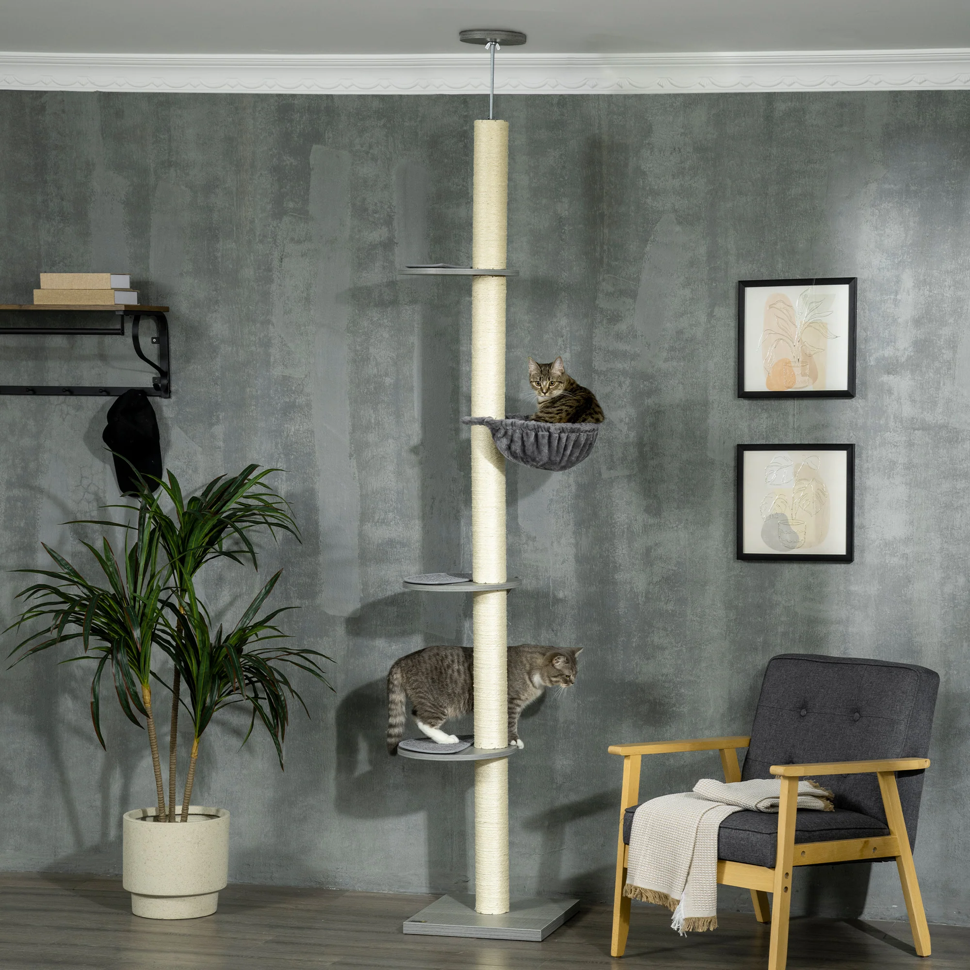 PawHut 250cm Floor To Ceiling Cat Tree With Hammock, Scratching Post - Image 2