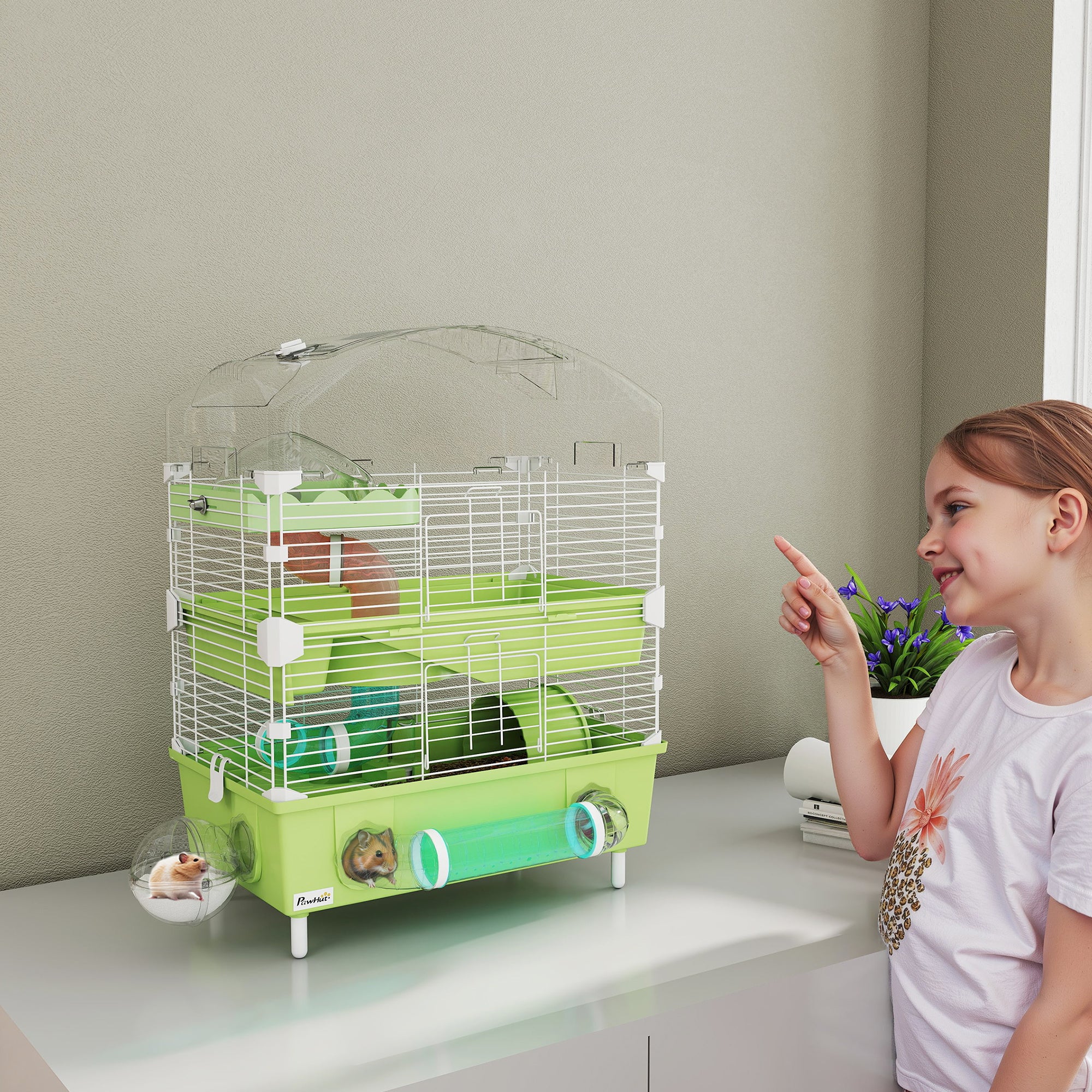 PawHut 3-Tier Hamster Cage, Hamster Habitat With Accessories, Green - Image 2
