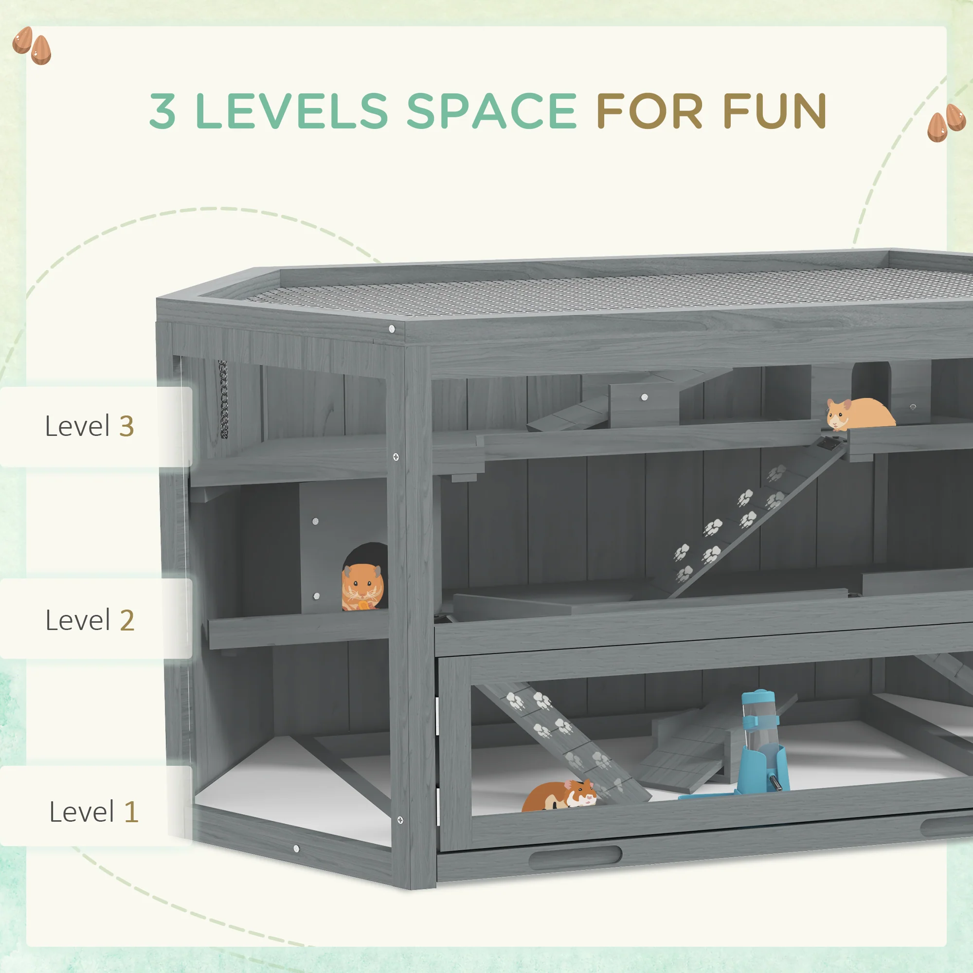PawHut 3 Tier Wooden Hamster Cage Gerbil Play Centre W/ Sliding Tray Ramps - Image 4