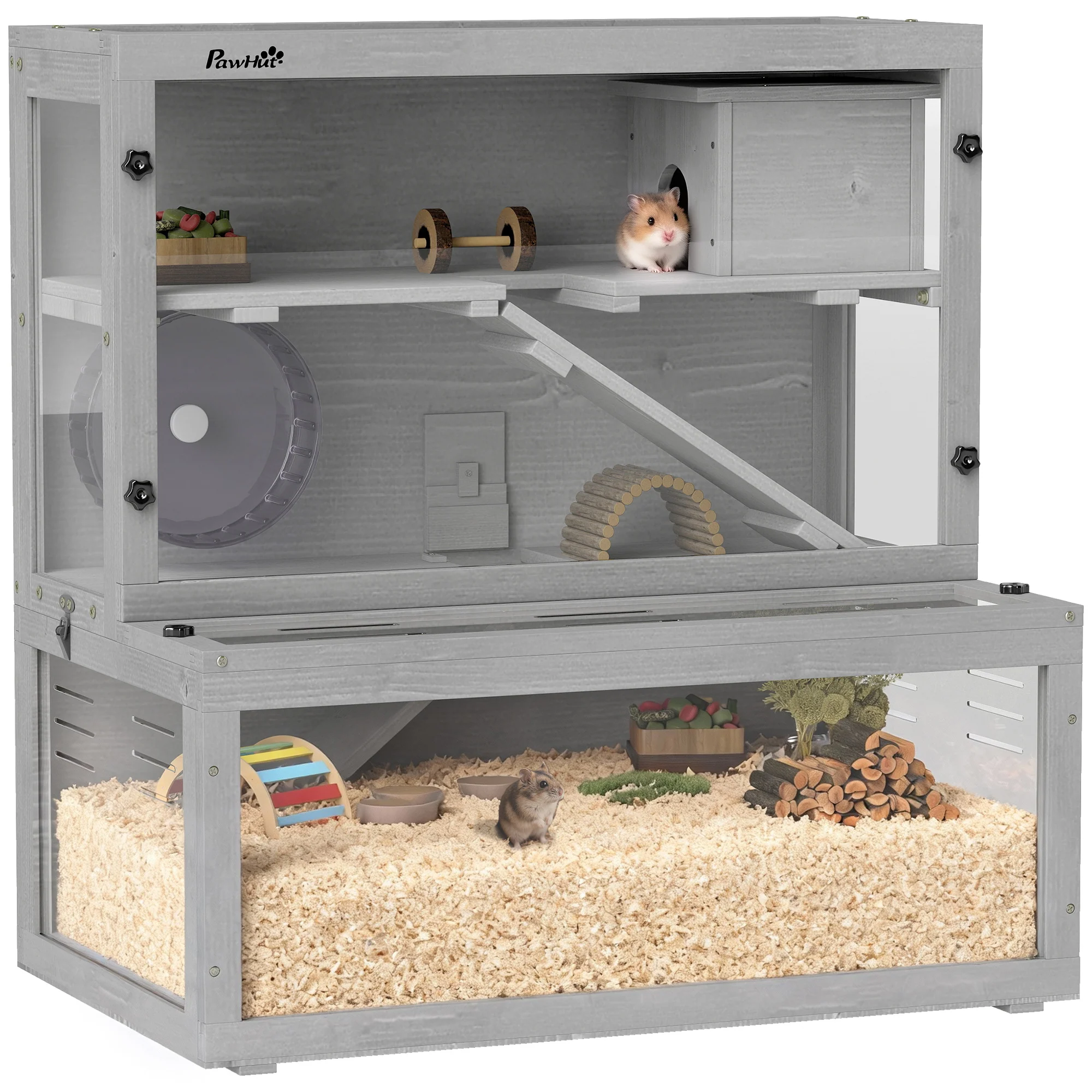 PawHut 3 Tier Wooden Hamster Cage With Hut, Wheel, Ramps, 80 X 50 X 84 Cm